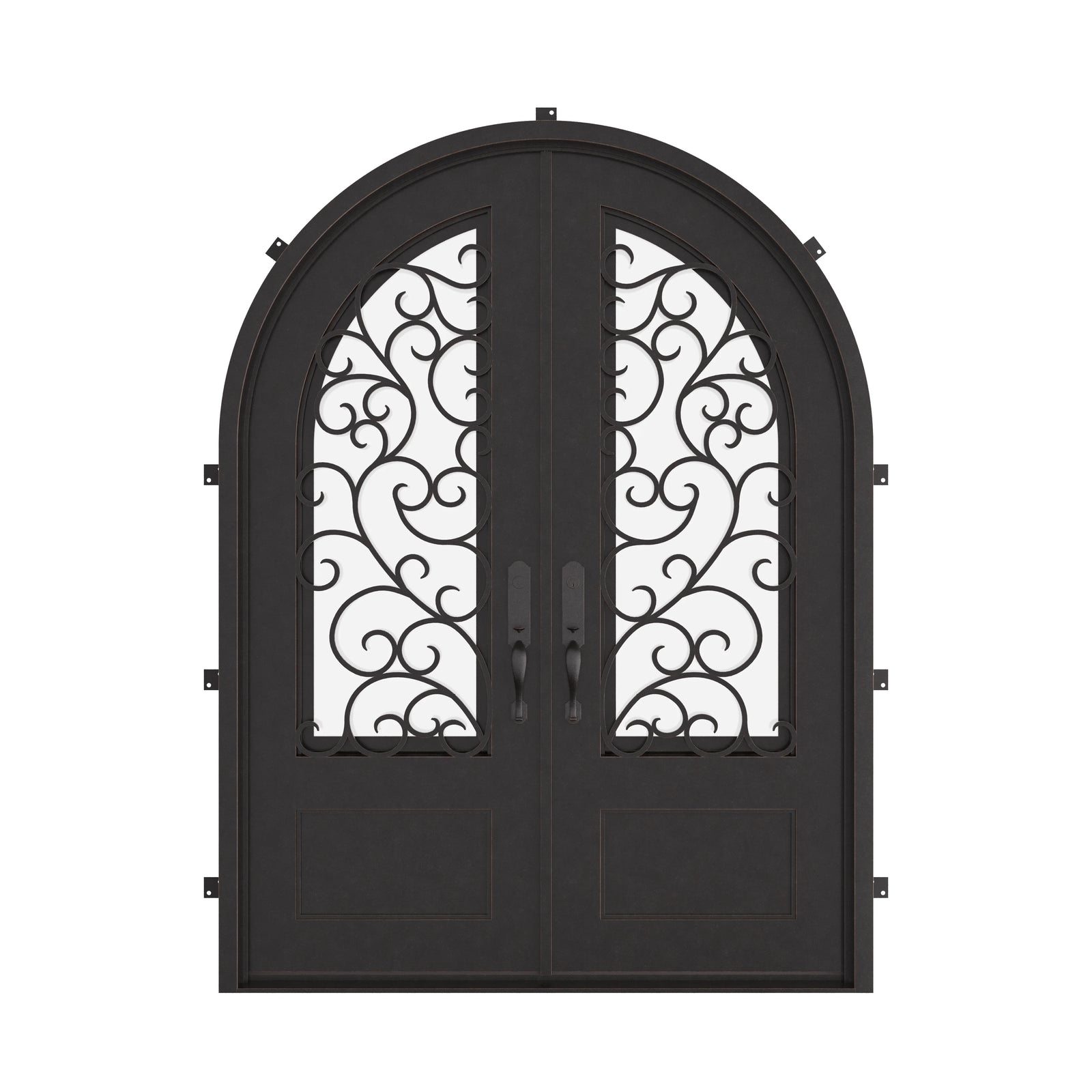Story double full arch top french entry door with operable glass panel.
