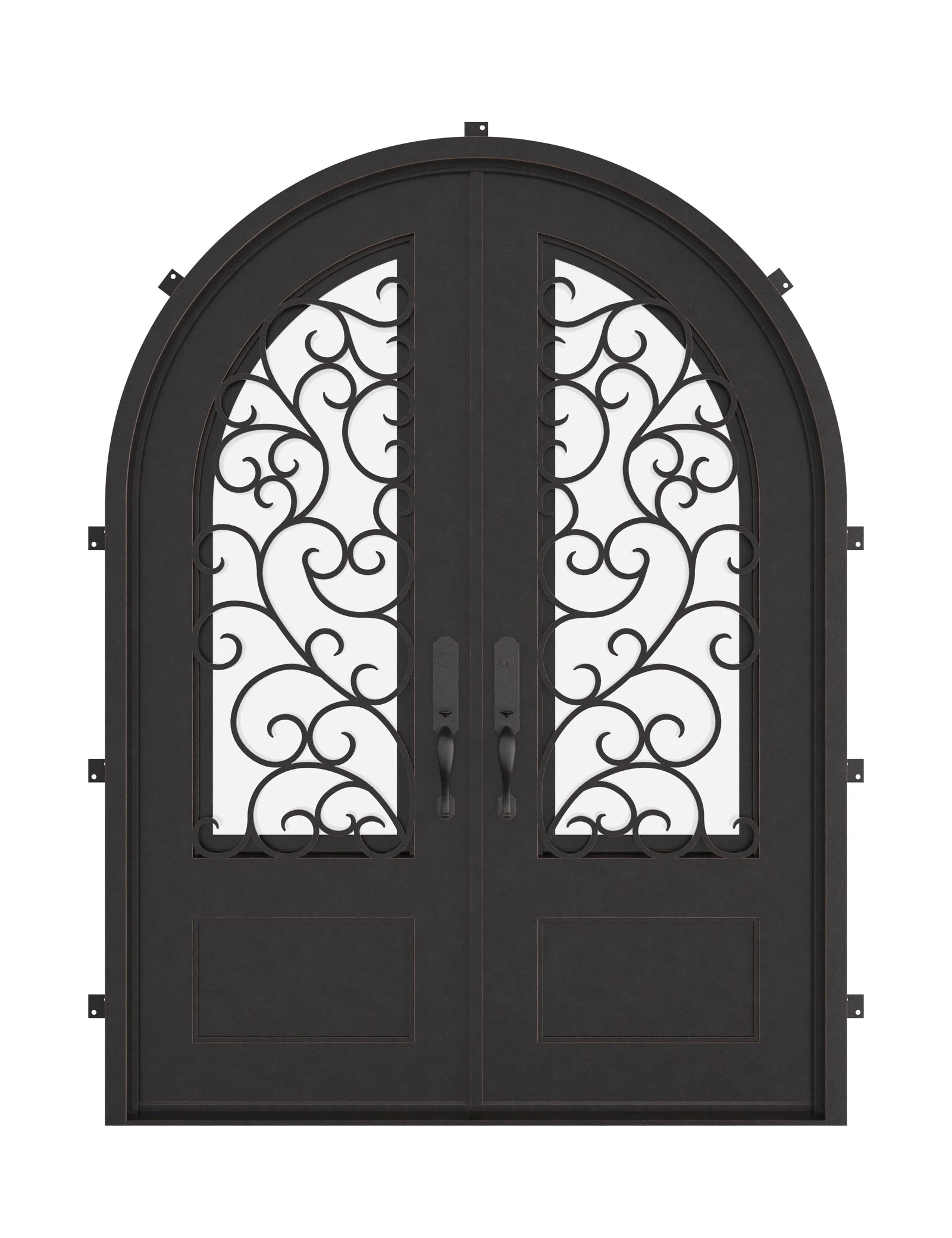 Story double full arch top french entry door with operable glass panel.