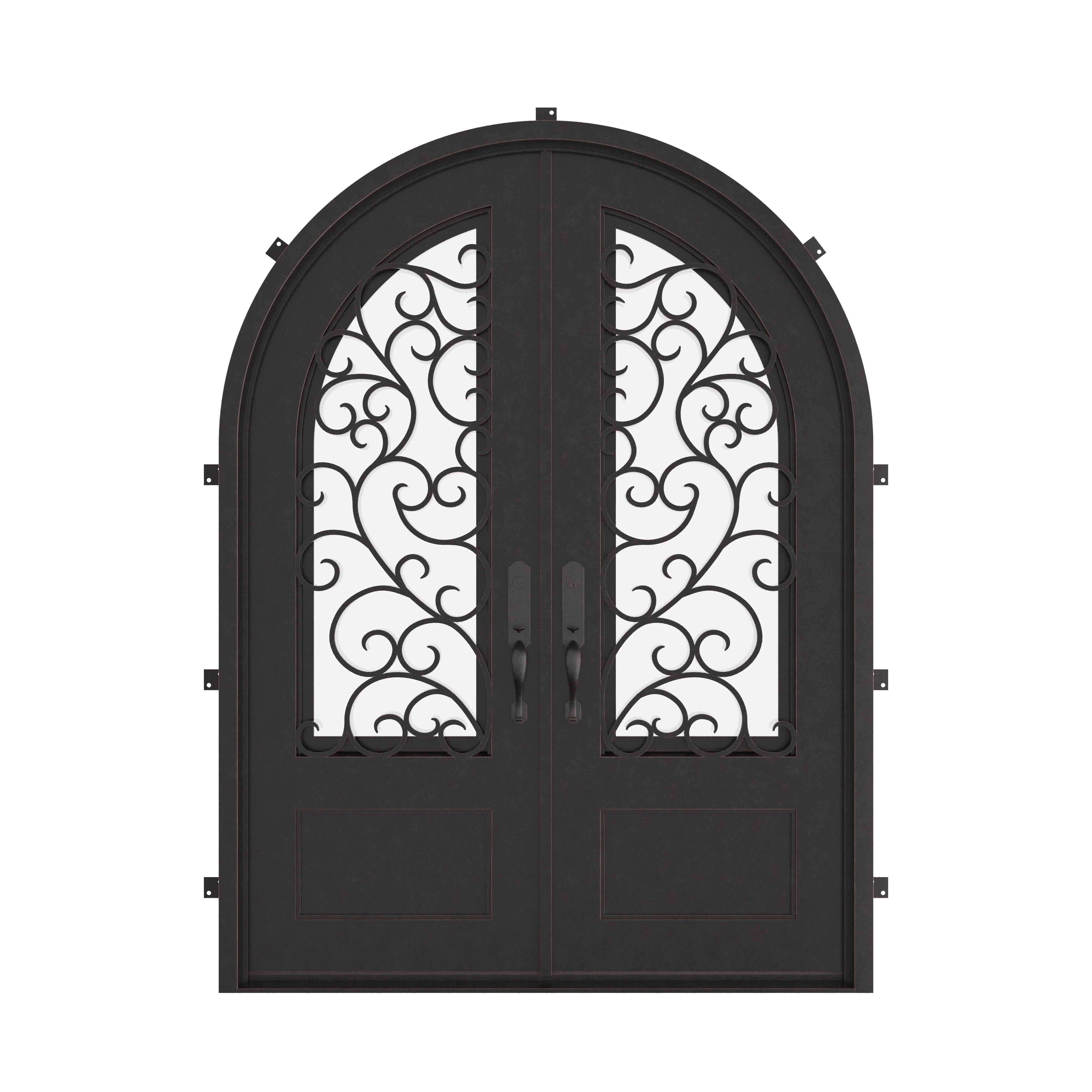 Story double full arch top french entry door with operable glass panel.