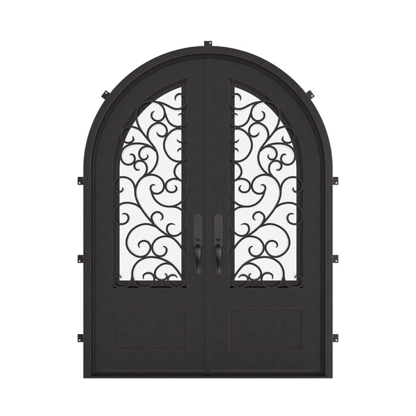 Story double full arch top french entry door with operable glass panel.