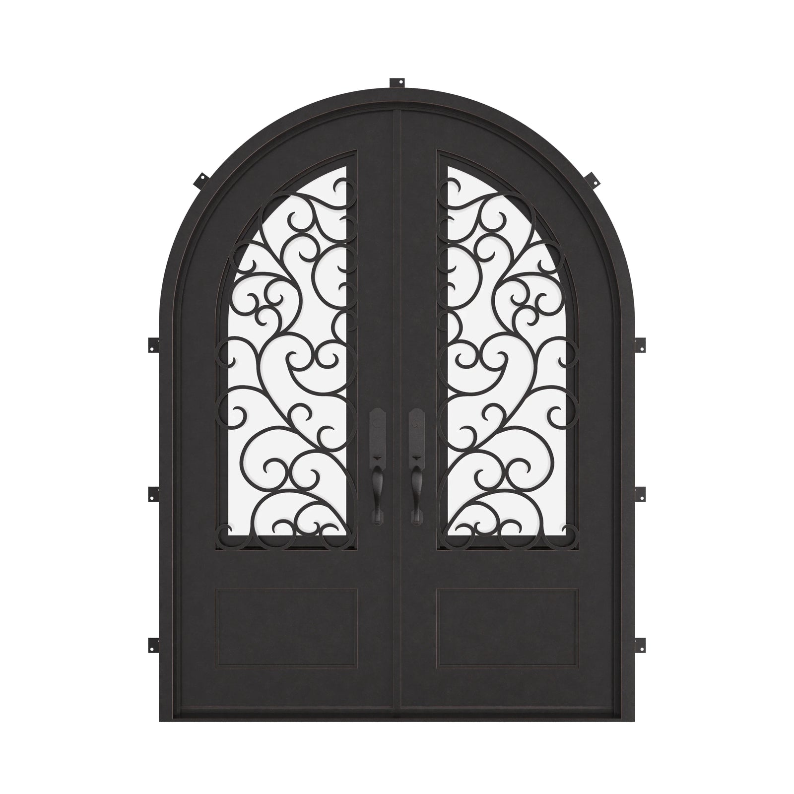 Story double round top hinged door with hand forged scrollwork and glass.