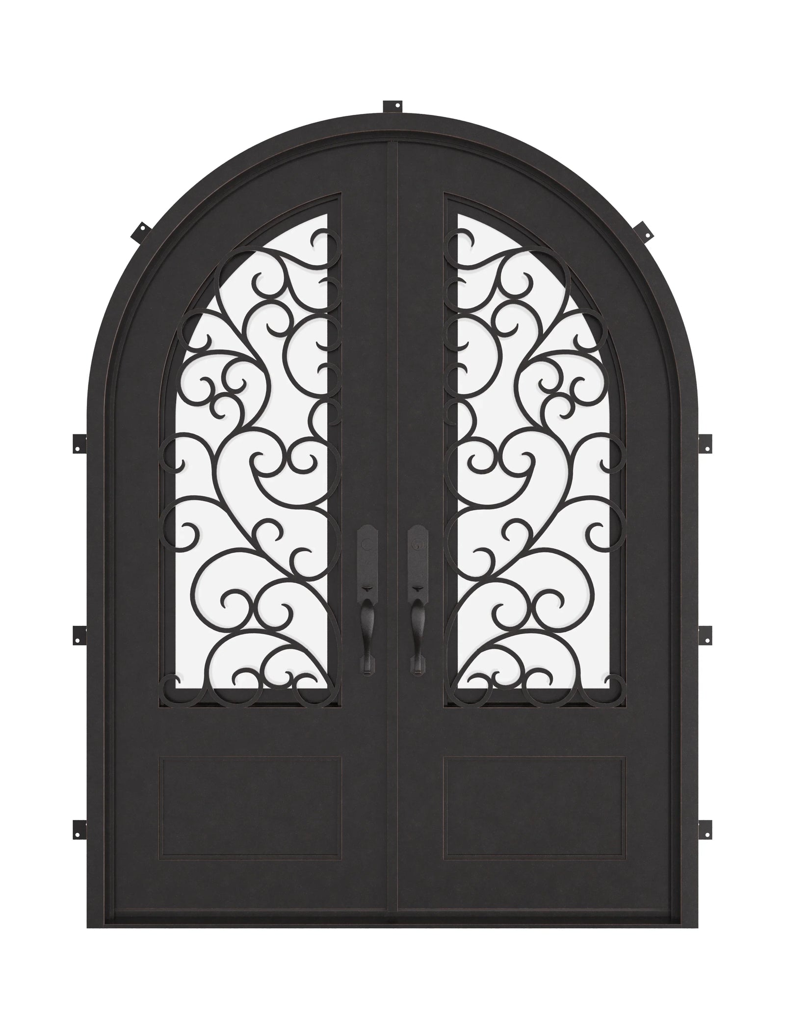 Story radius top iron door with clear glass.