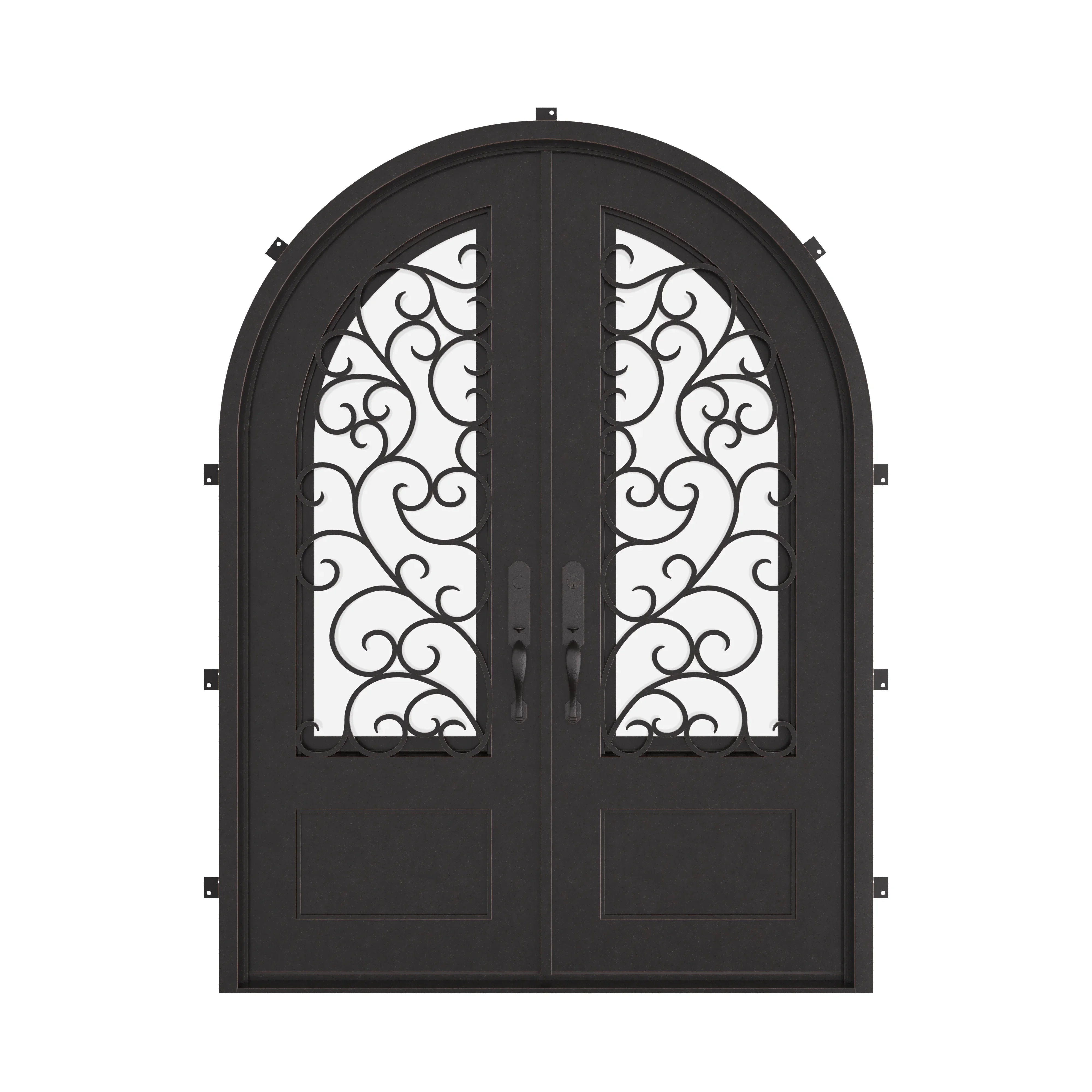 Story radius top iron door with clear glass.