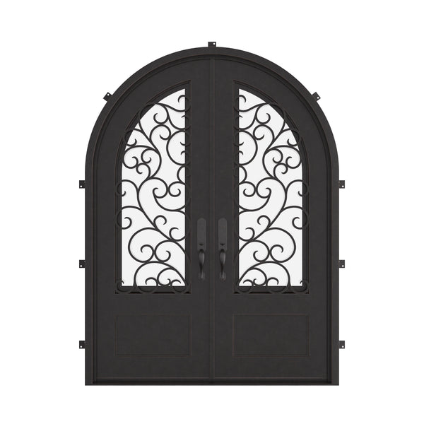 Story radius top iron door with clear glass.