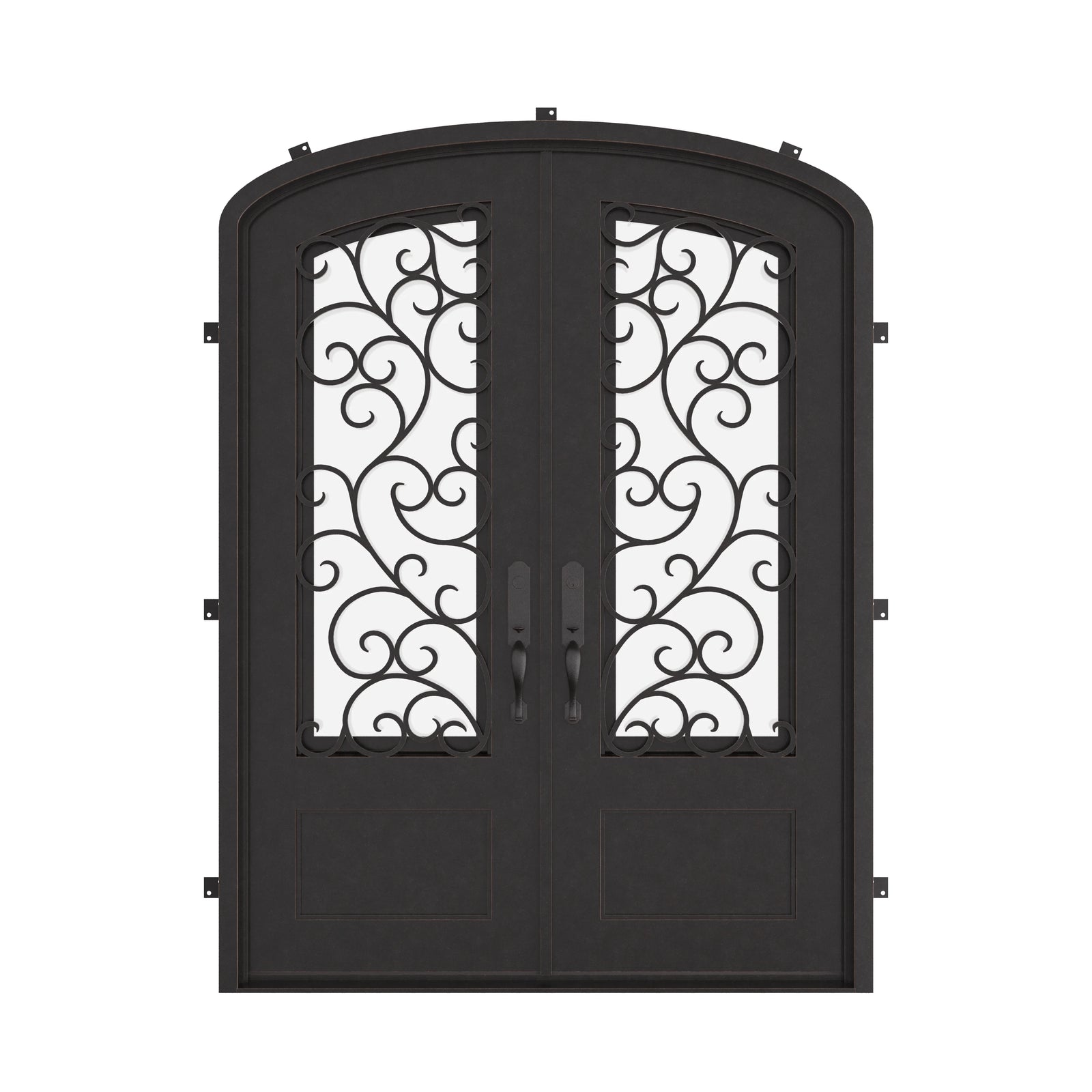 Story double entry door in bronze tone with efficient glass and arched style.