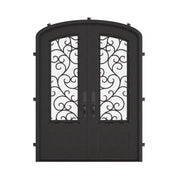 Story double entry door in bronze tone with efficient glass and arched style.