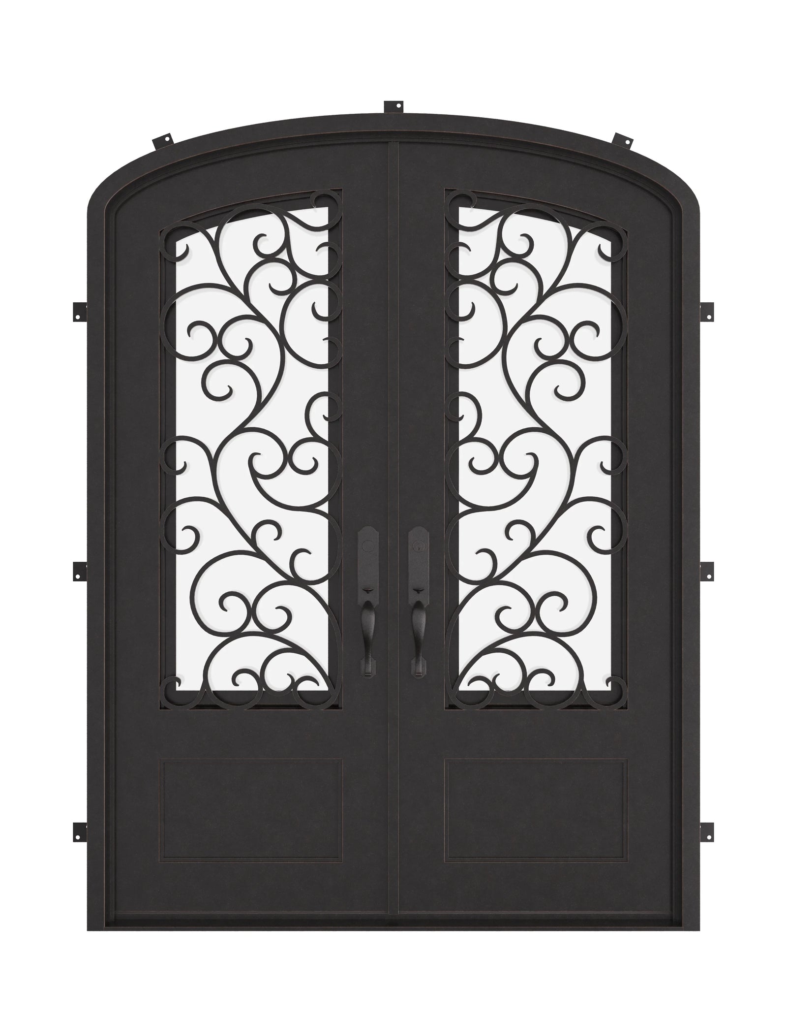 Story double entry door in bronze tone with efficient glass and arched style.