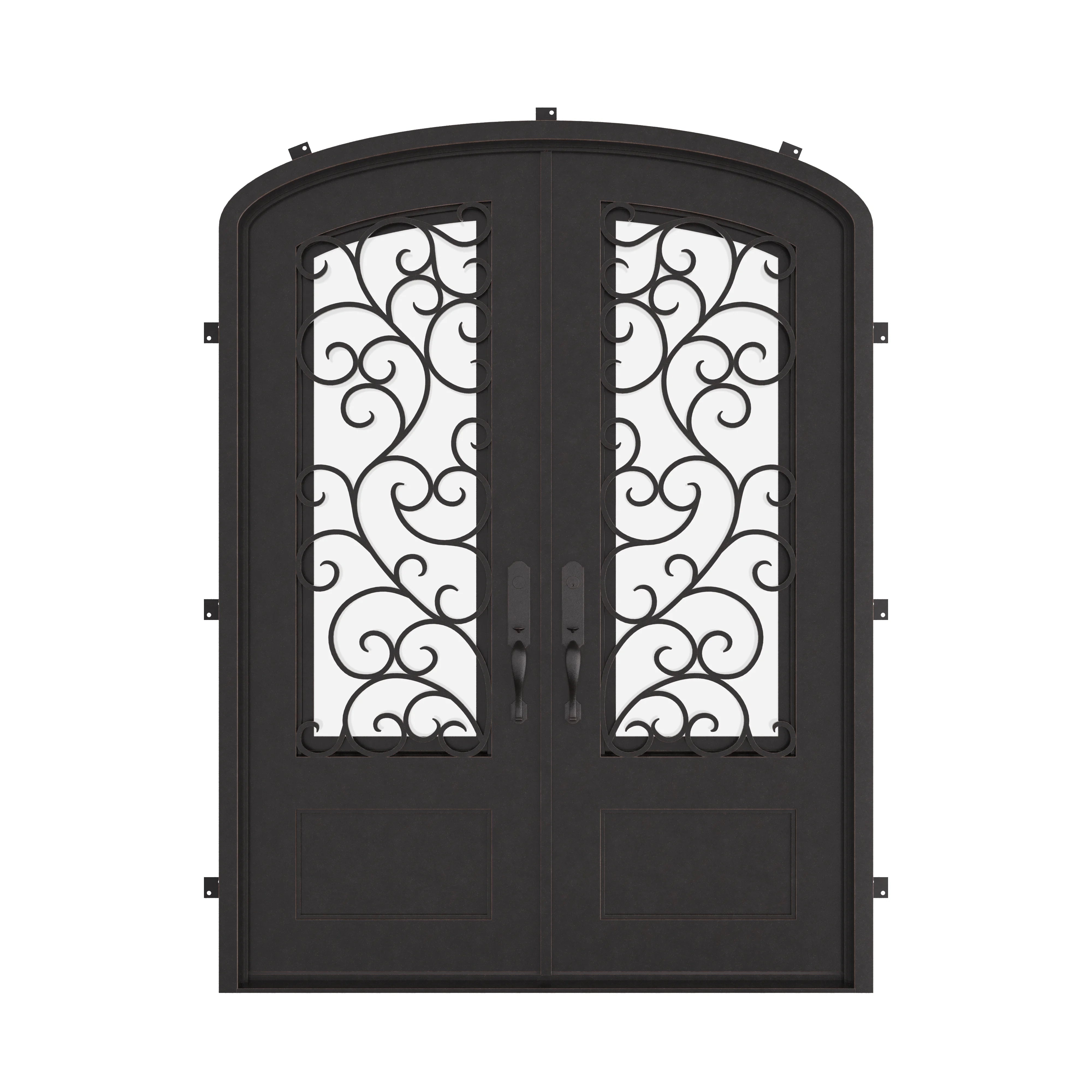 Story double entry door in bronze tone with efficient glass and arched style.