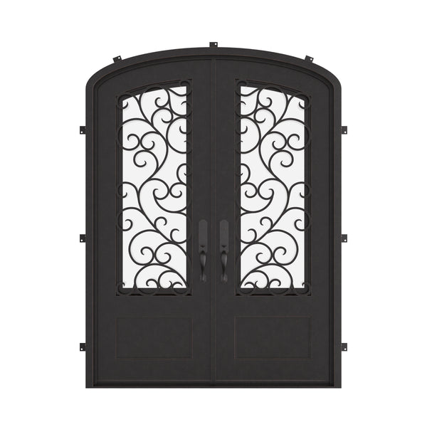Story double entry door in bronze tone with efficient glass and arched style.