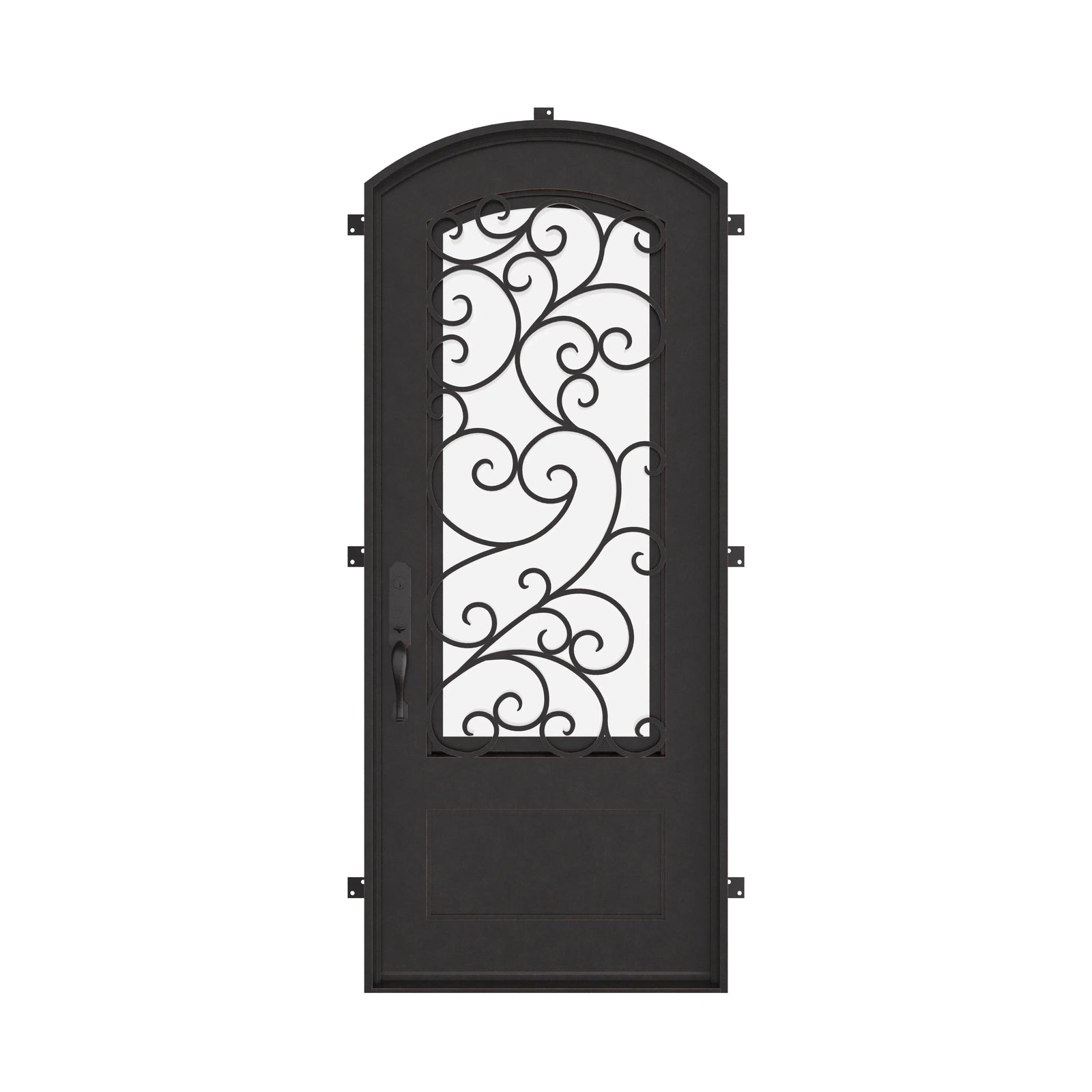 Story single eyebrow arch top single front door with energy efficient glass in black.