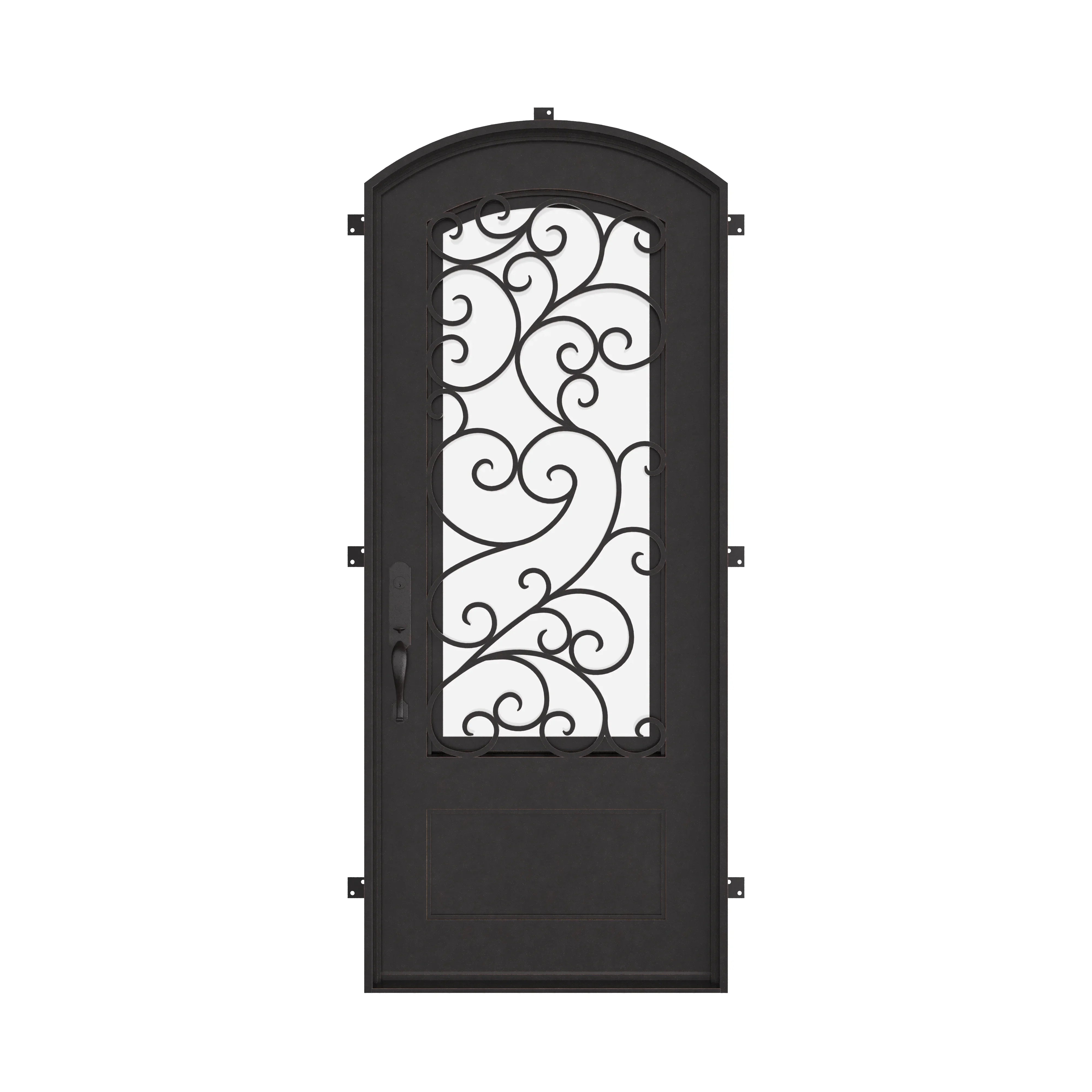 Story single eyebrow arch top single front door with energy efficient glass in black.