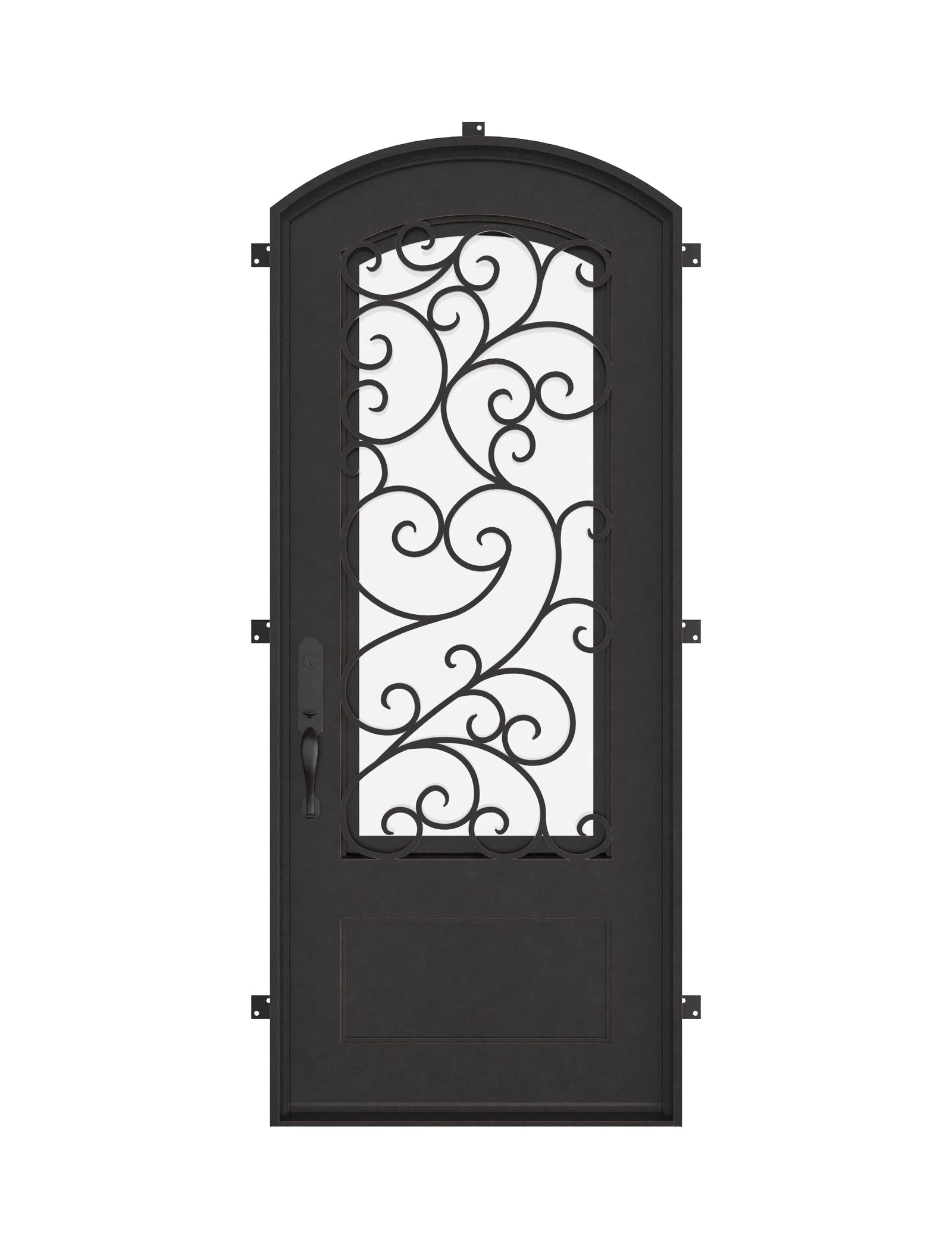 Story subtle arch top metal door for cold climates.
