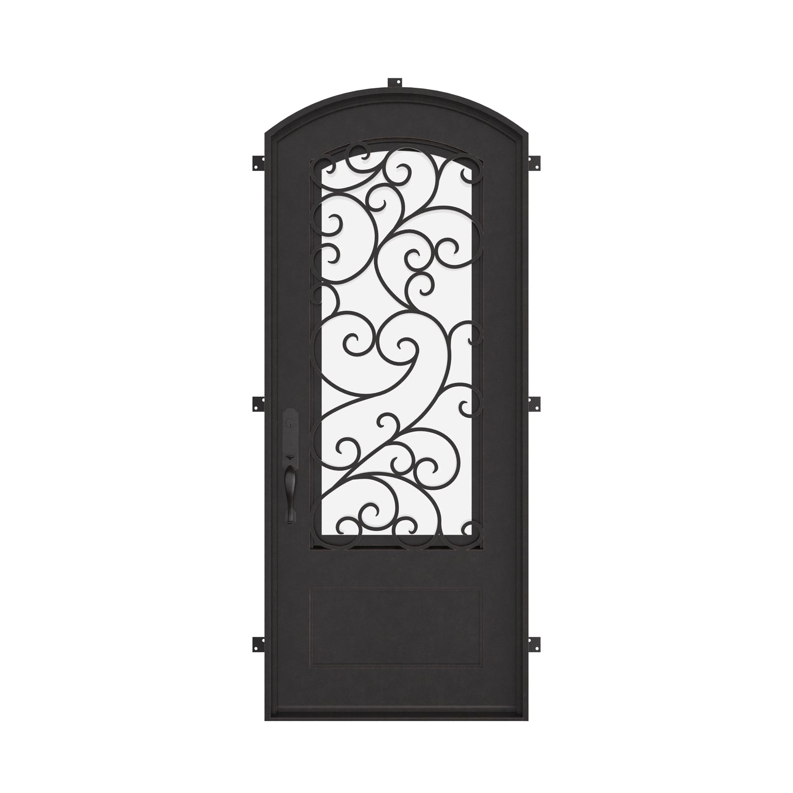 Story pre-hung bronze color iron single arch top door with double-pane glass.