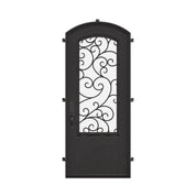 Story pre-hung bronze color iron single arch top door with double-pane glass.