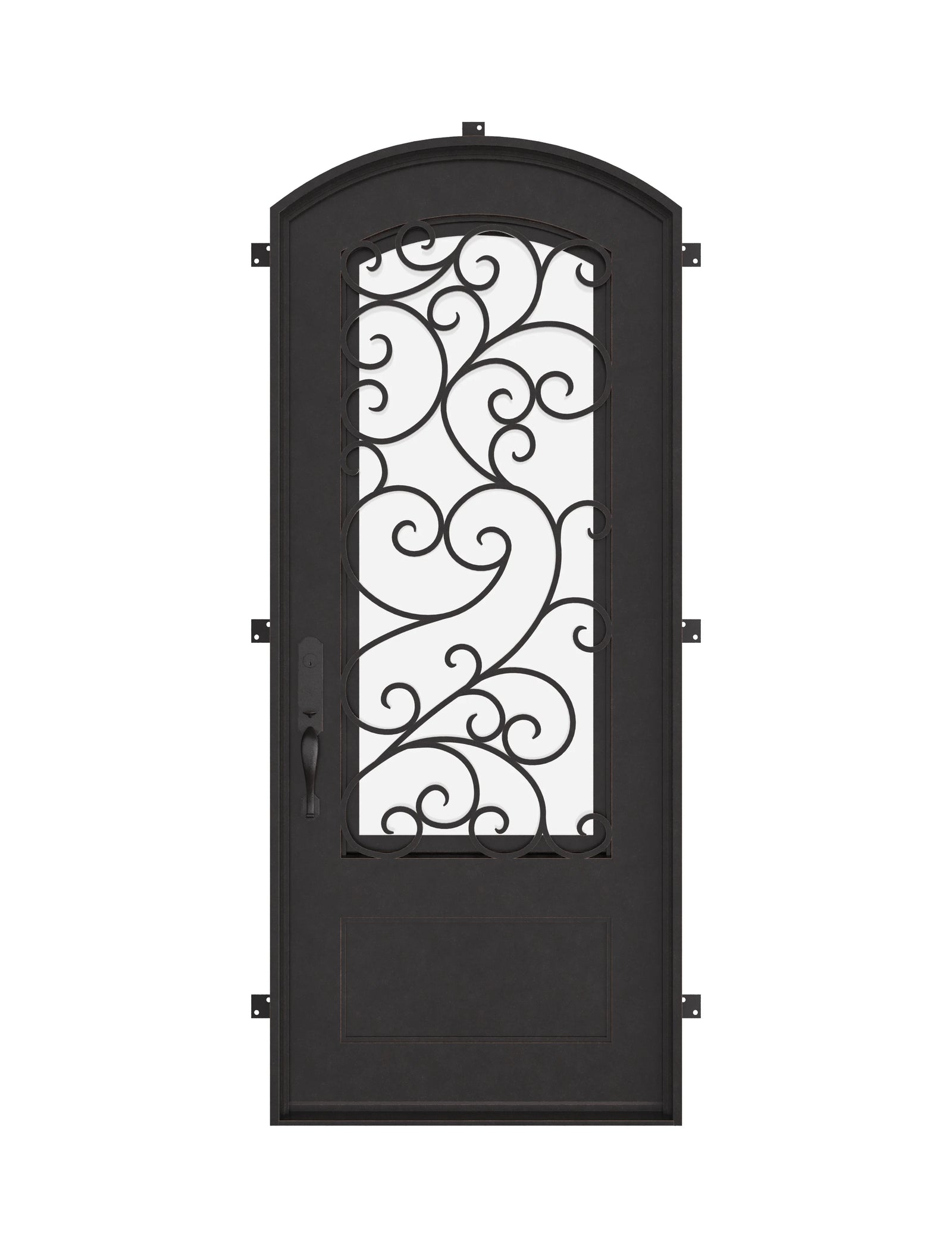 Story pre-hung bronze color iron single arch top door with double-pane glass.