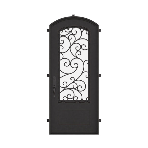 Story pre-hung bronze color iron single arch top door with double-pane glass.