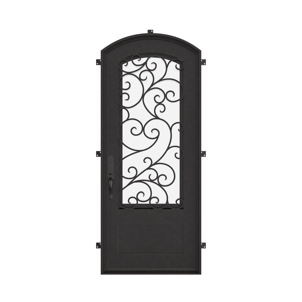 Story arch top swinging door in black finish for cold weather.