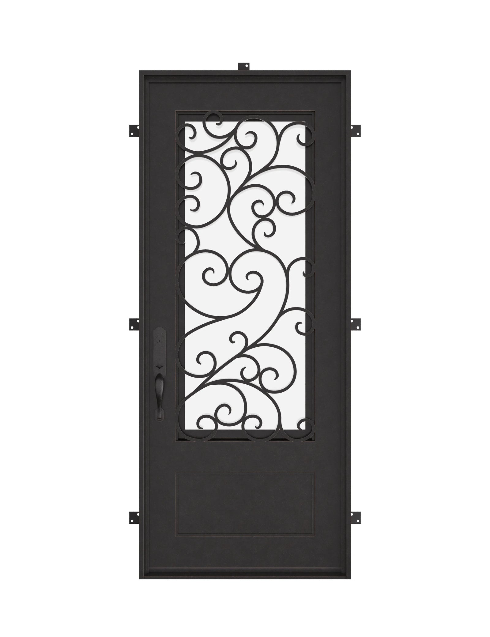 Story single flat metal entry door with thermal break in bronze color.
