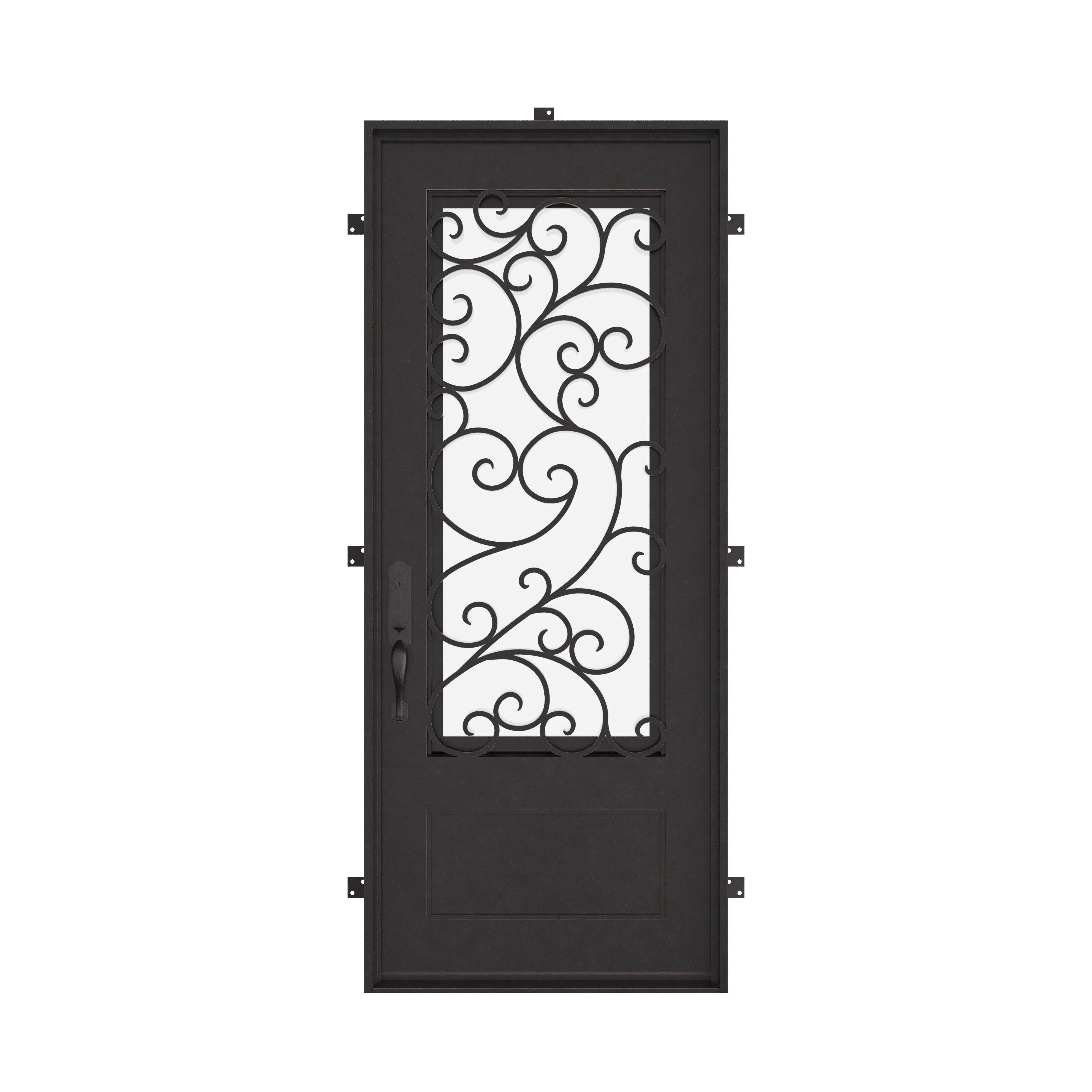 Story single flat metal entry door with thermal break in bronze color.