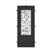 Story Single flat top entry door with double-pane glass and iron accents.