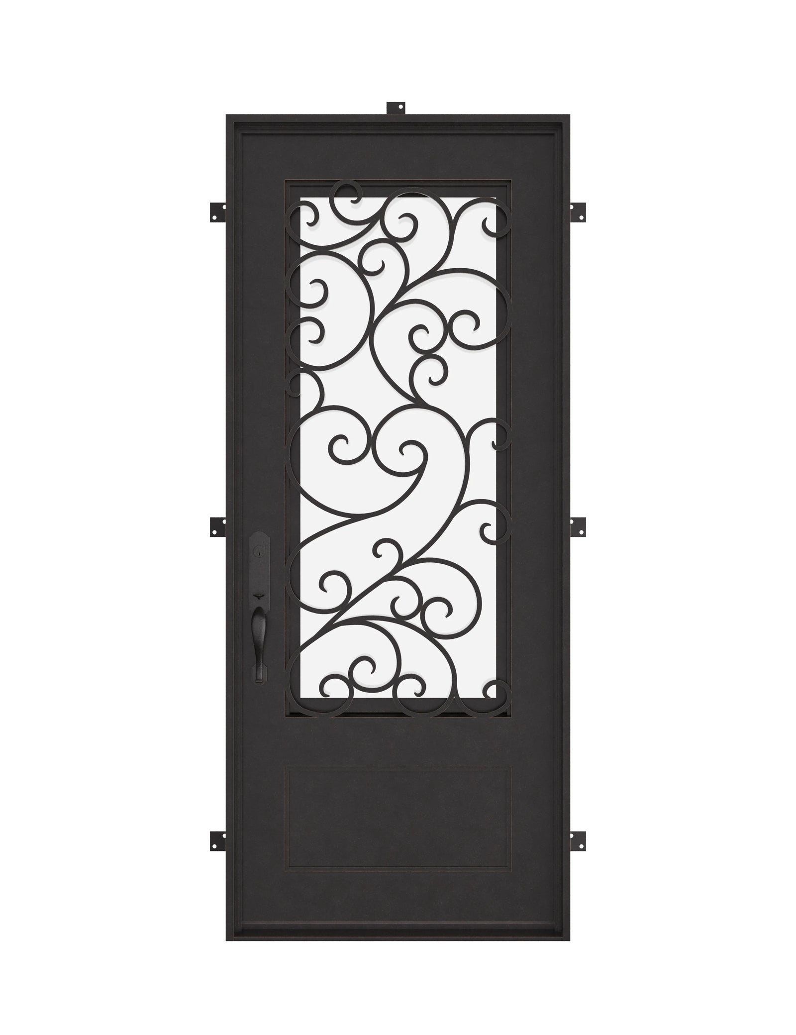 Story Single flat top entry door with double-pane glass and iron accents.