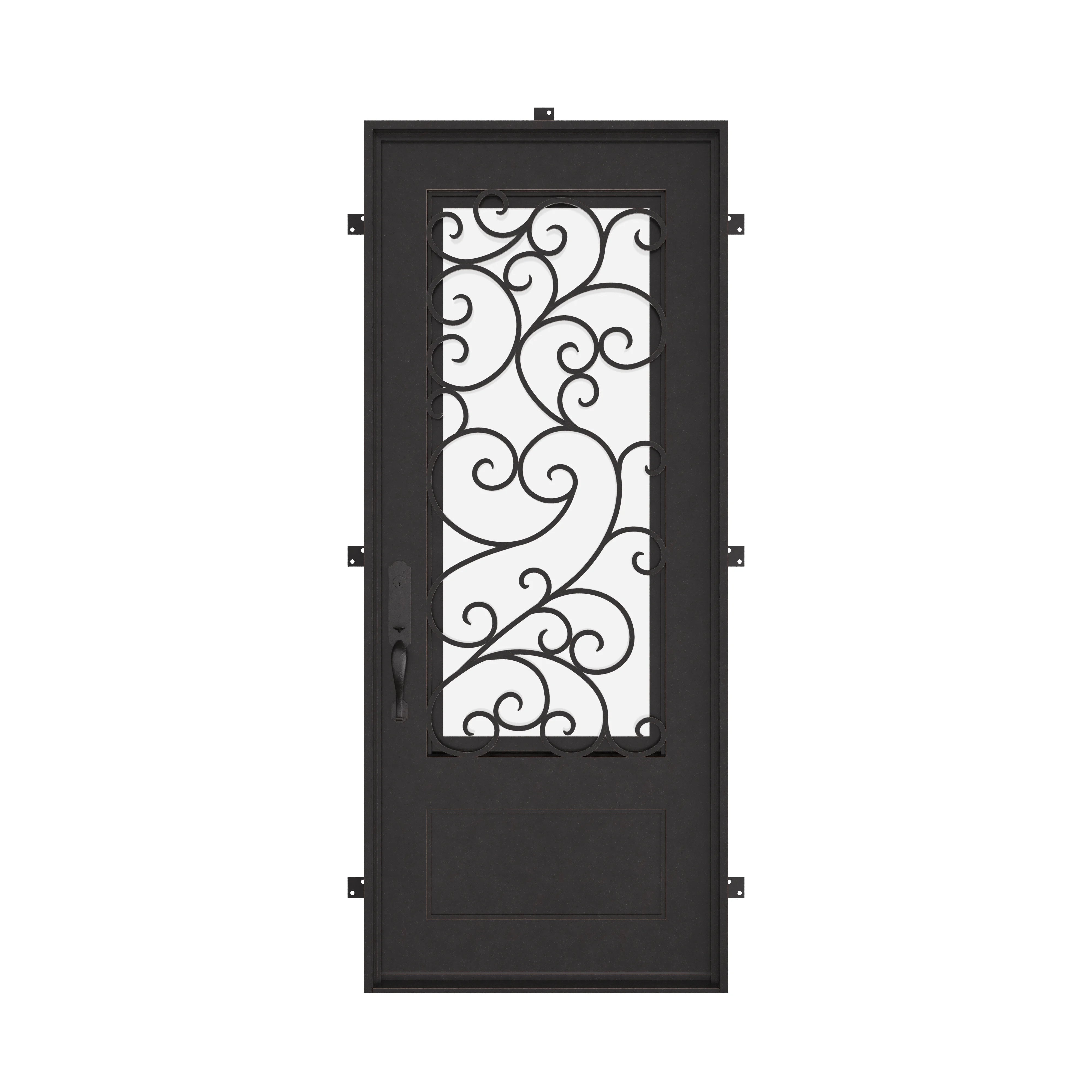 Story Single flat top entry door with double-pane glass and iron accents.