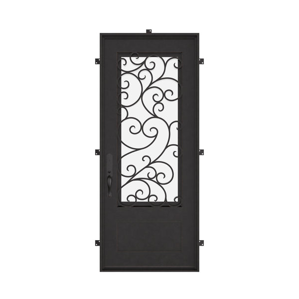 Story Single flat top entry door with double-pane glass and iron accents.