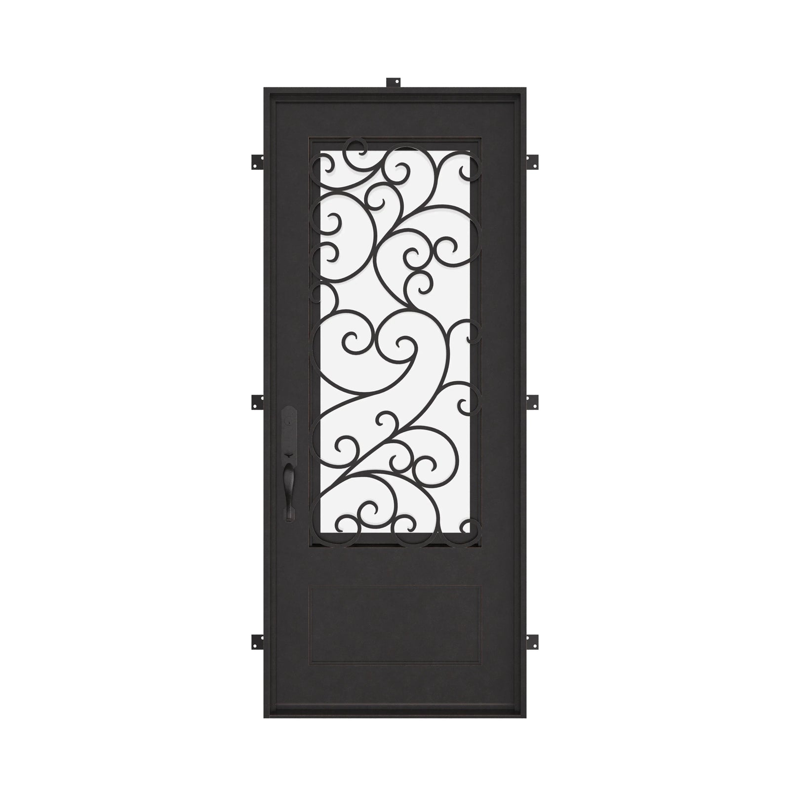 Story Architectural black iron flat top single front door with decorative glass panel.