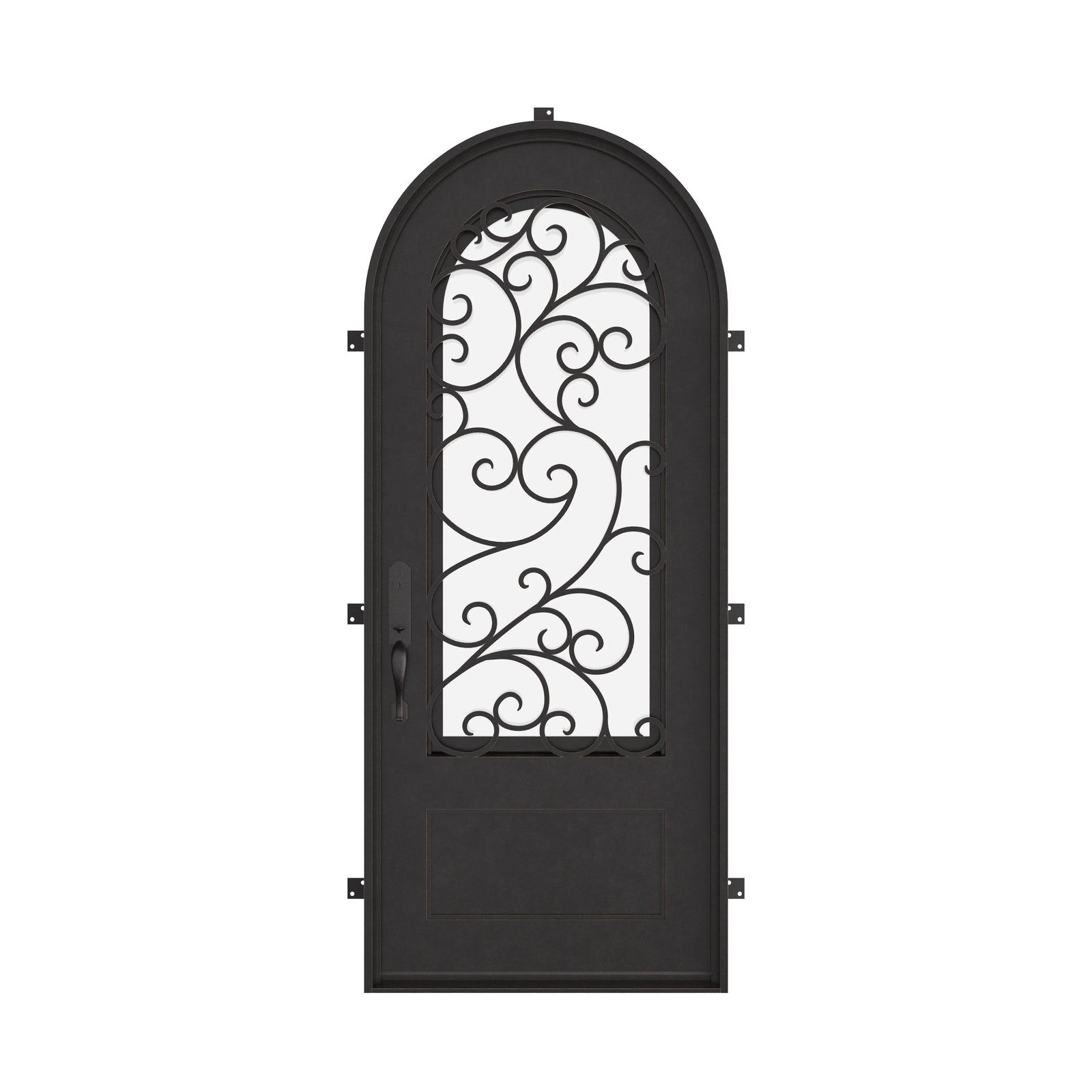Story single radius top entry door with decorative metalwork and double-pane glass.