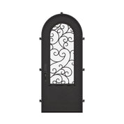 Story single radius top entry door with decorative metalwork and double-pane glass.
