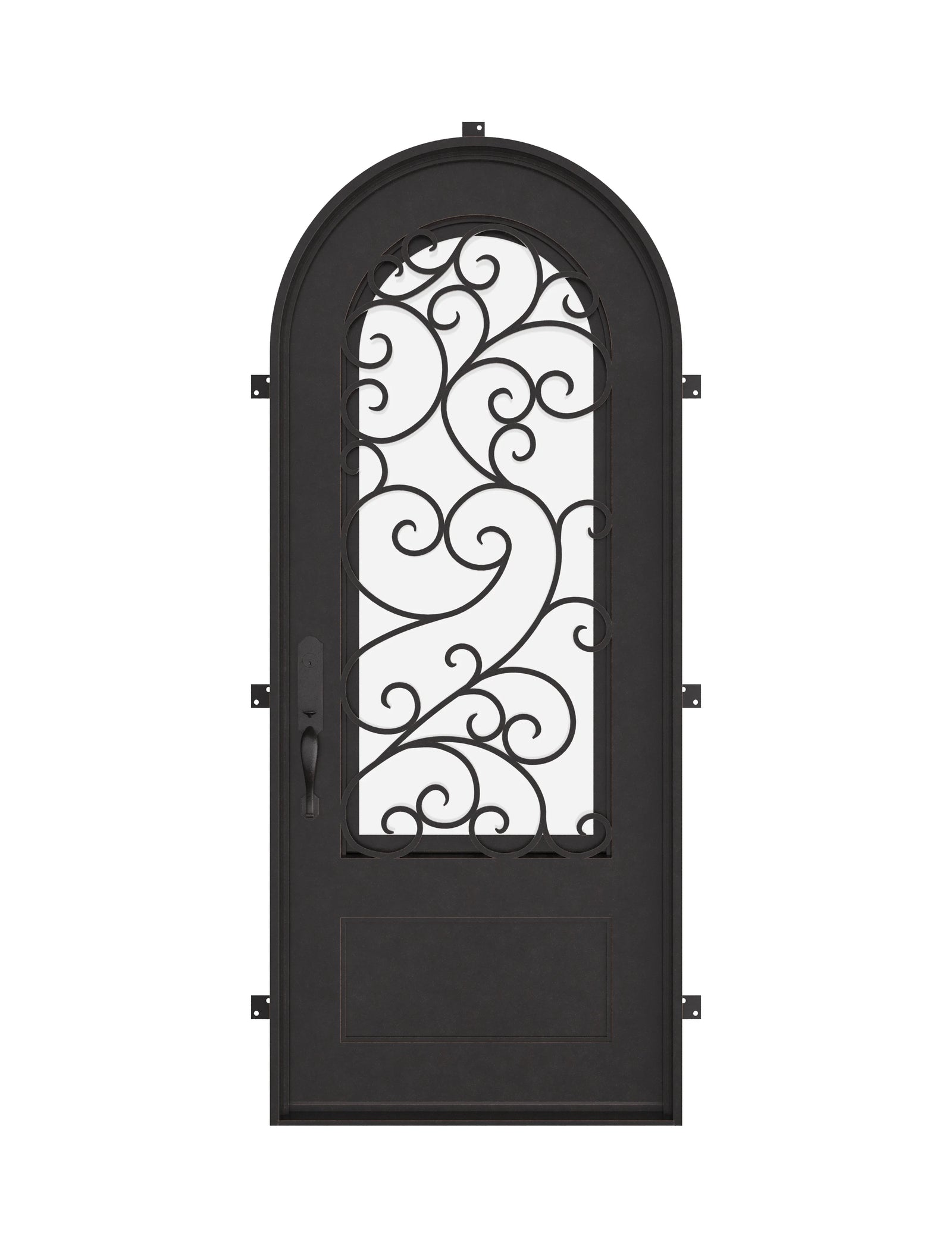 Story single radius top entry door with decorative metalwork and double-pane glass.