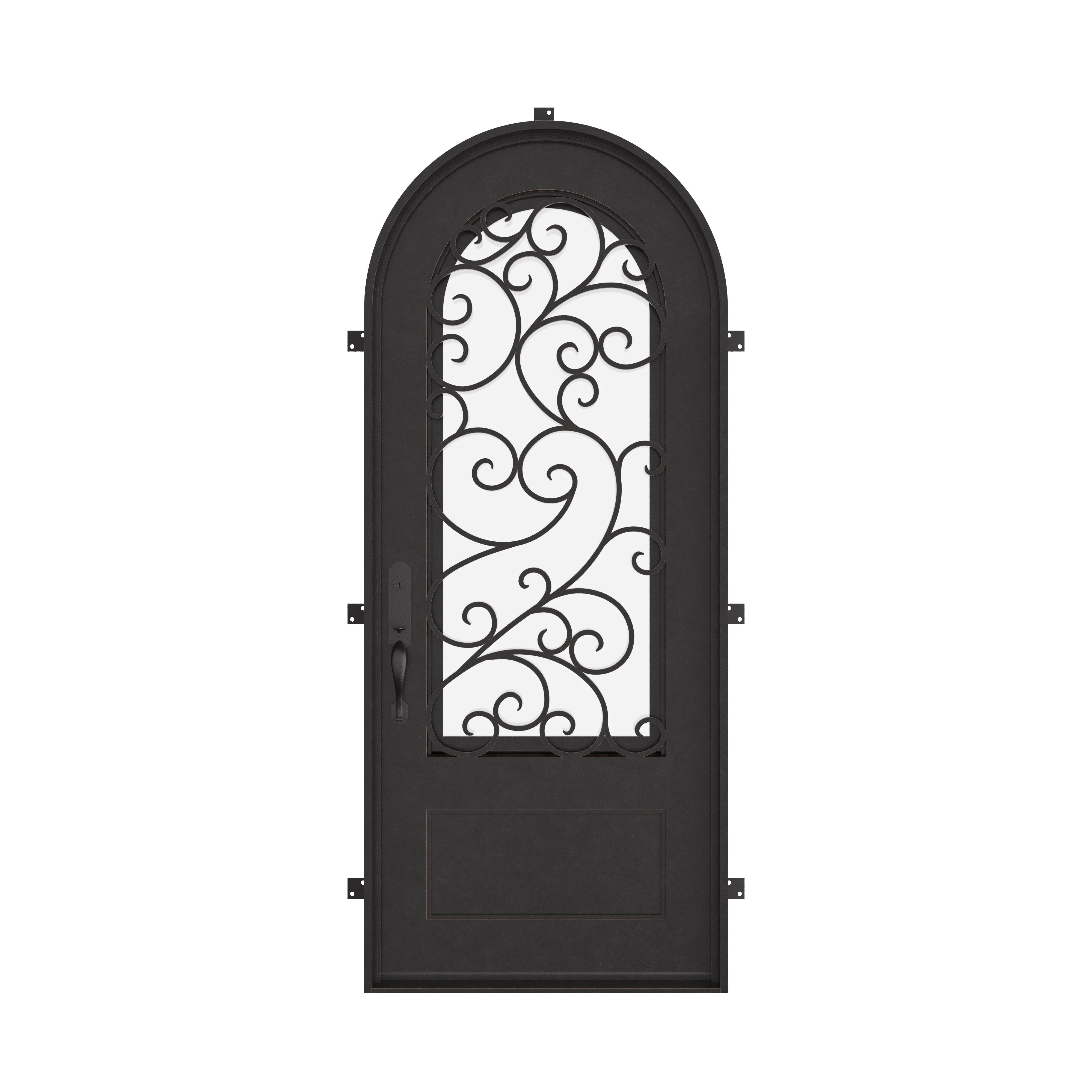 Story single radius top entry door with decorative metalwork and double-pane glass.