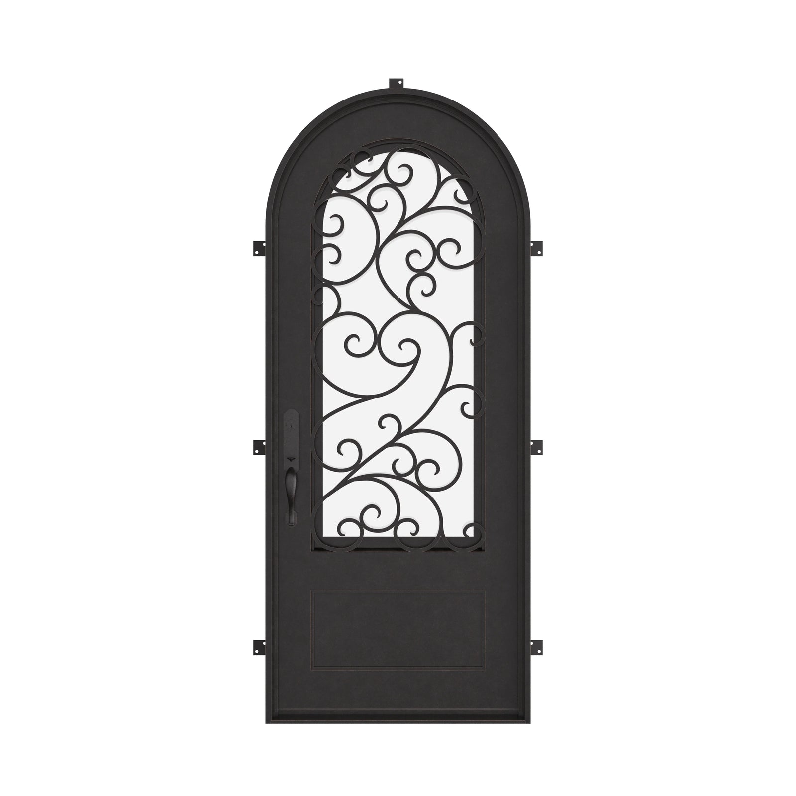 Story single full arch top entry door with operable glass panel in black color.