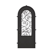 Story thermally broken single swing door with decorative design in bronze color.