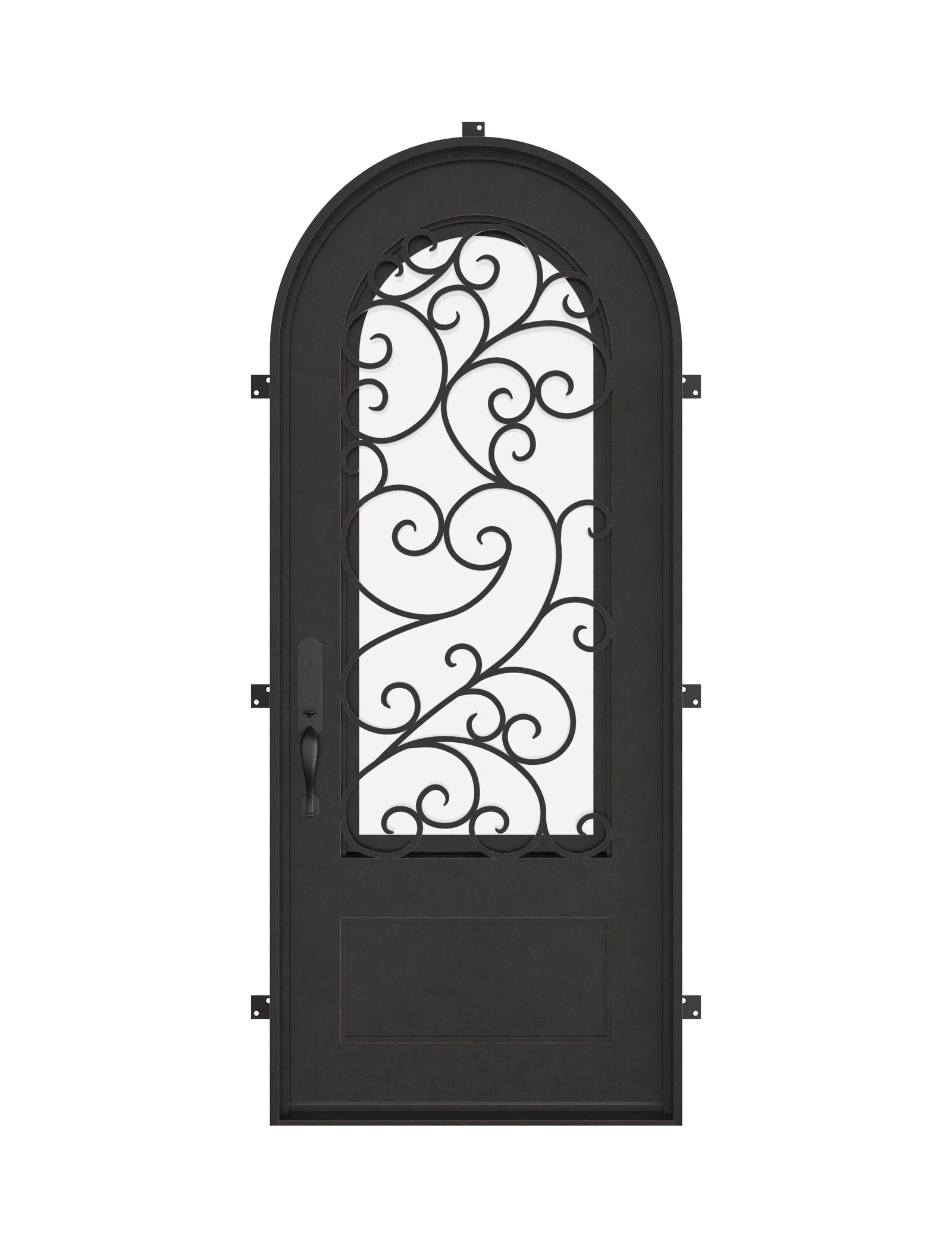 Story thermally broken single swing door with decorative design in bronze color.
