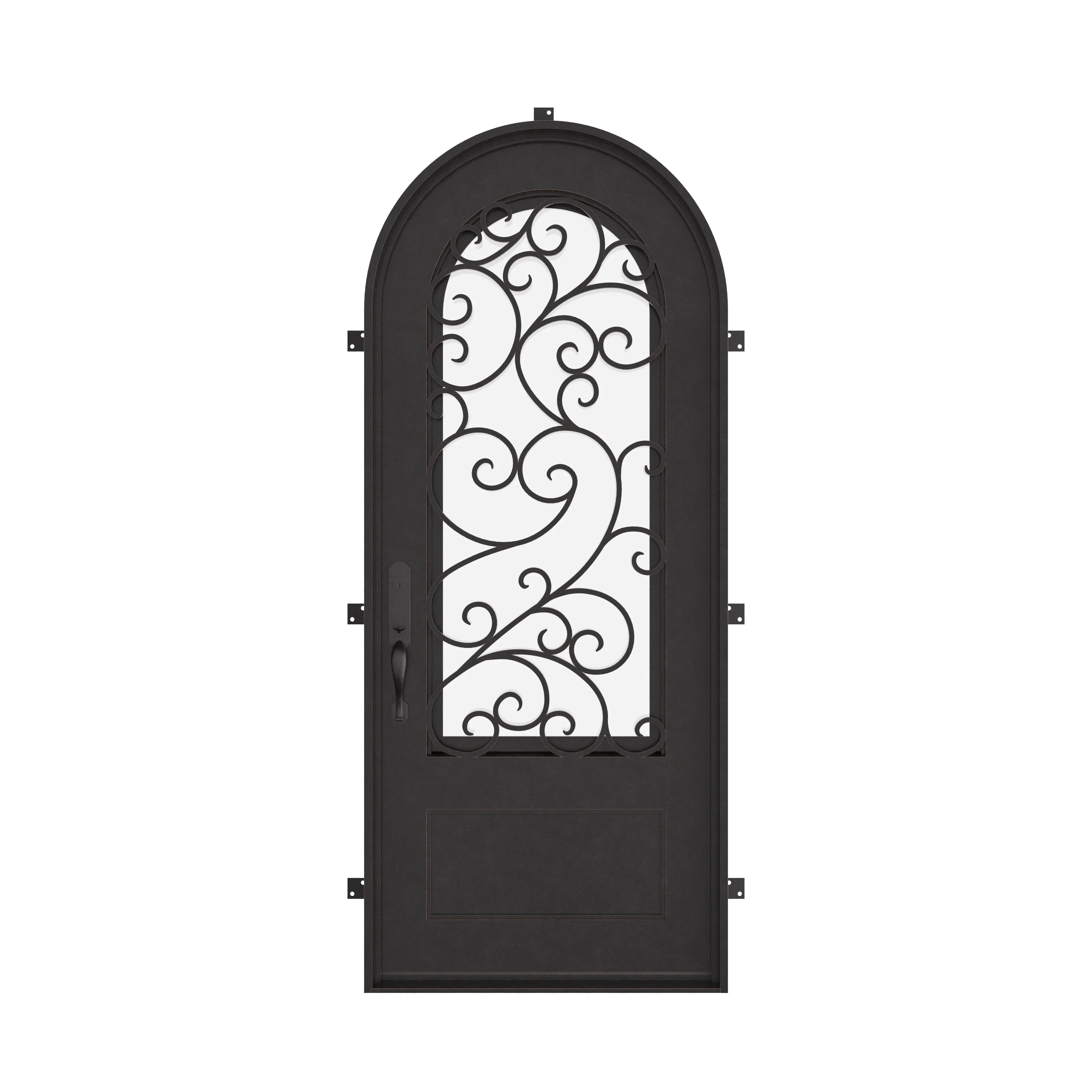 Story thermally broken single swing door with decorative design in bronze color.