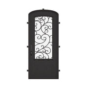 Story single mini arch top iron front door with thick energy efficient glass.