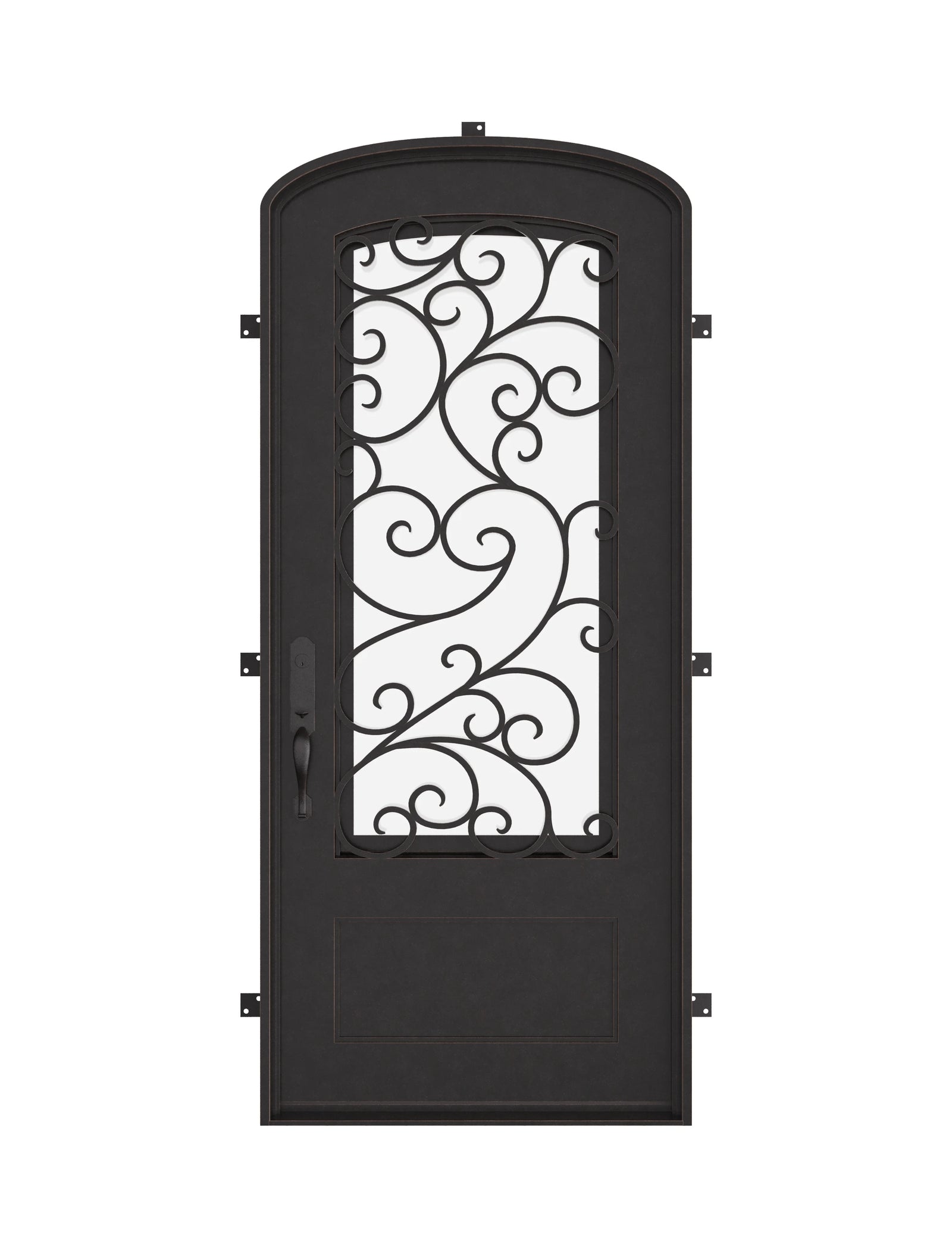 Story single mini arch top iron front door with thick energy efficient glass.