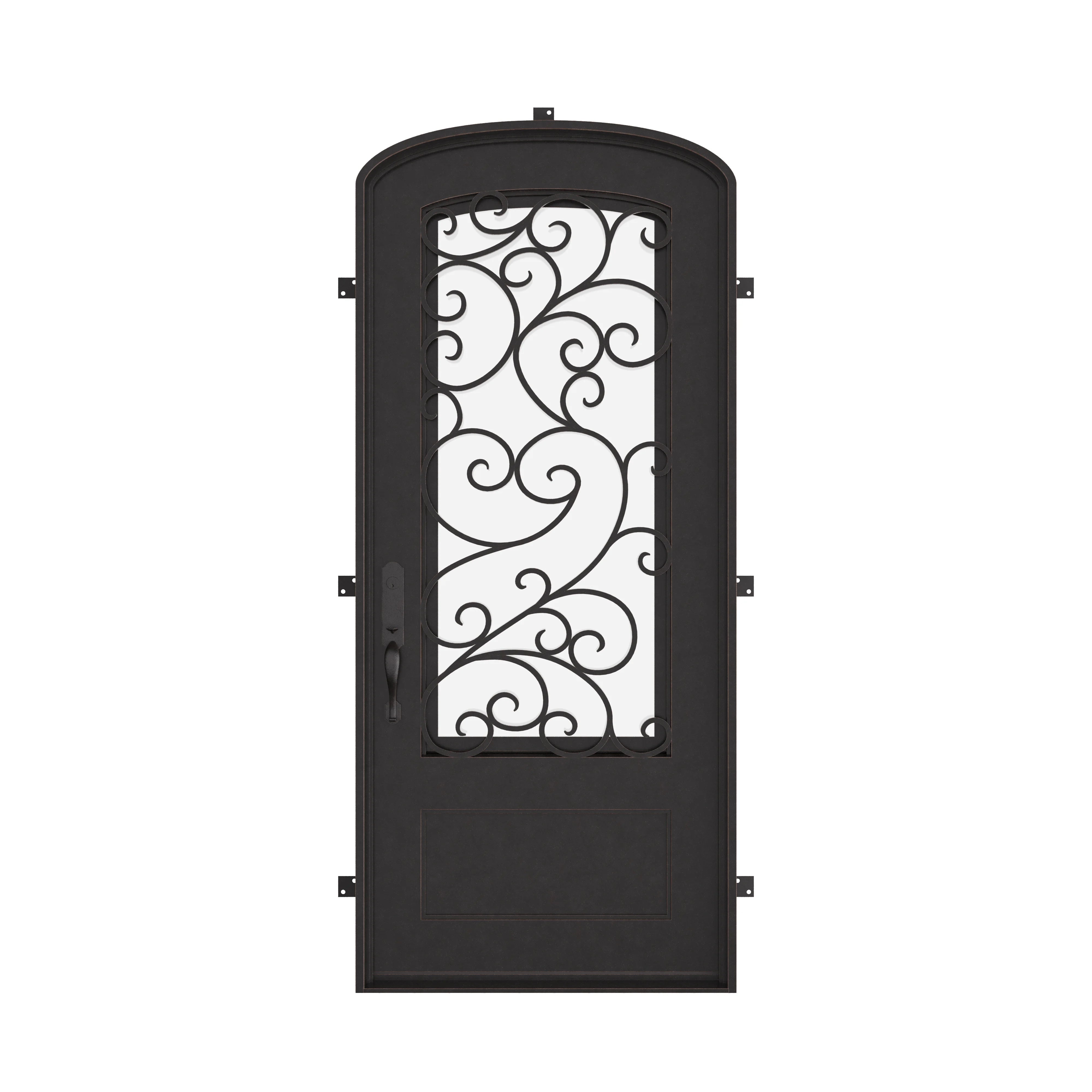 Story single mini arch top iron front door with thick energy efficient glass.