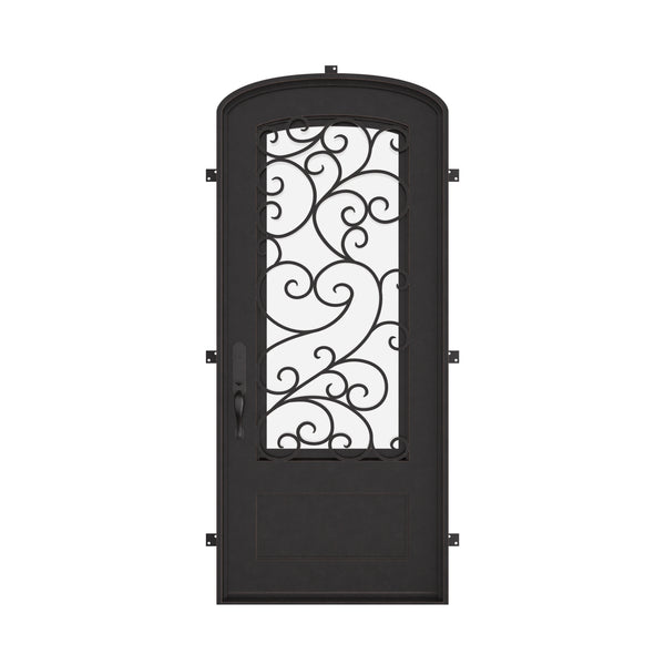 Story single mini arch top iron front door with thick energy efficient glass.