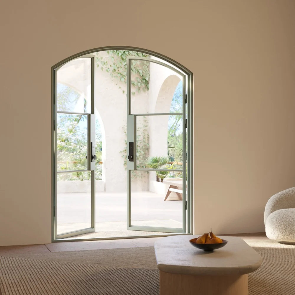 Air 4 arched double entry doors in black steel with tempered glass panels
