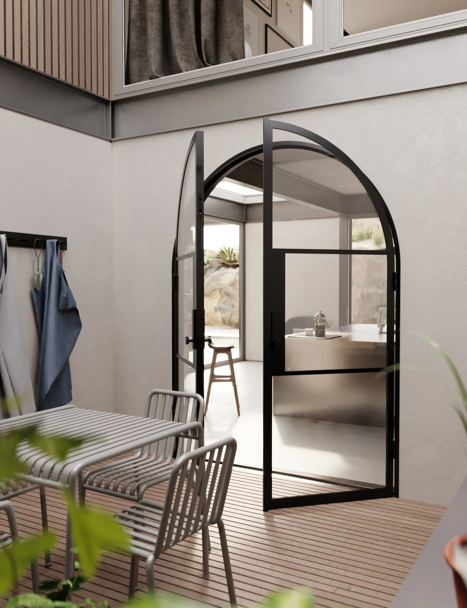 Insulated double arch steel front door with energy efficient frame