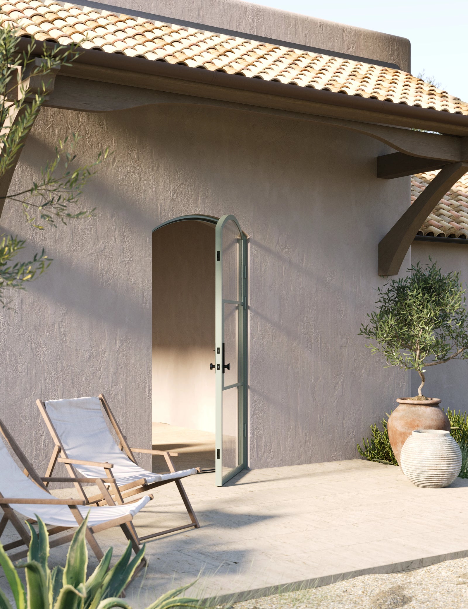 Air 4 single arch exterior steel door with curved top and slim frame