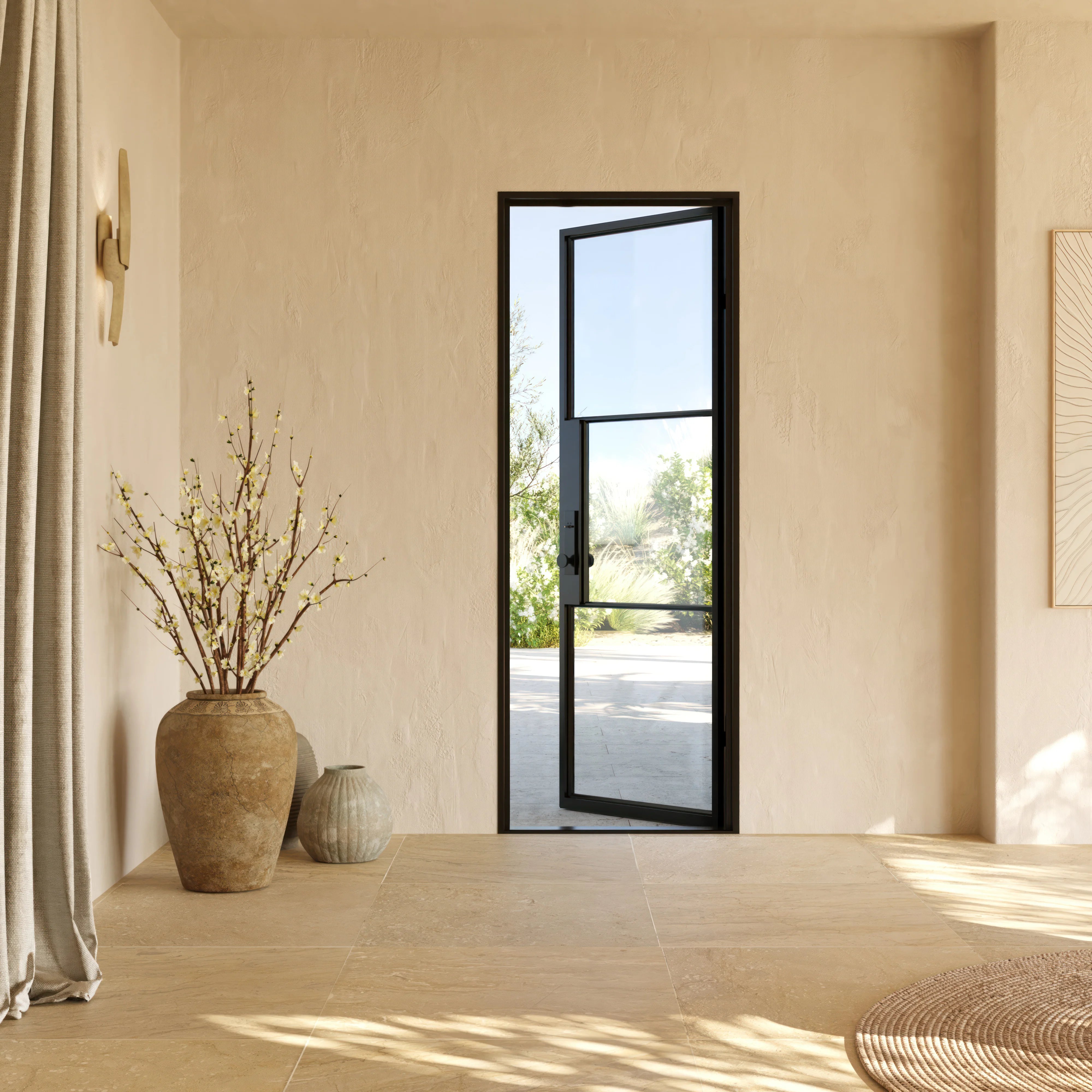 Air 4 flat single entry door in black steel with narrow sightlines