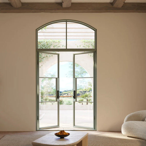 Thermally insulated double steel entry door with arched top window