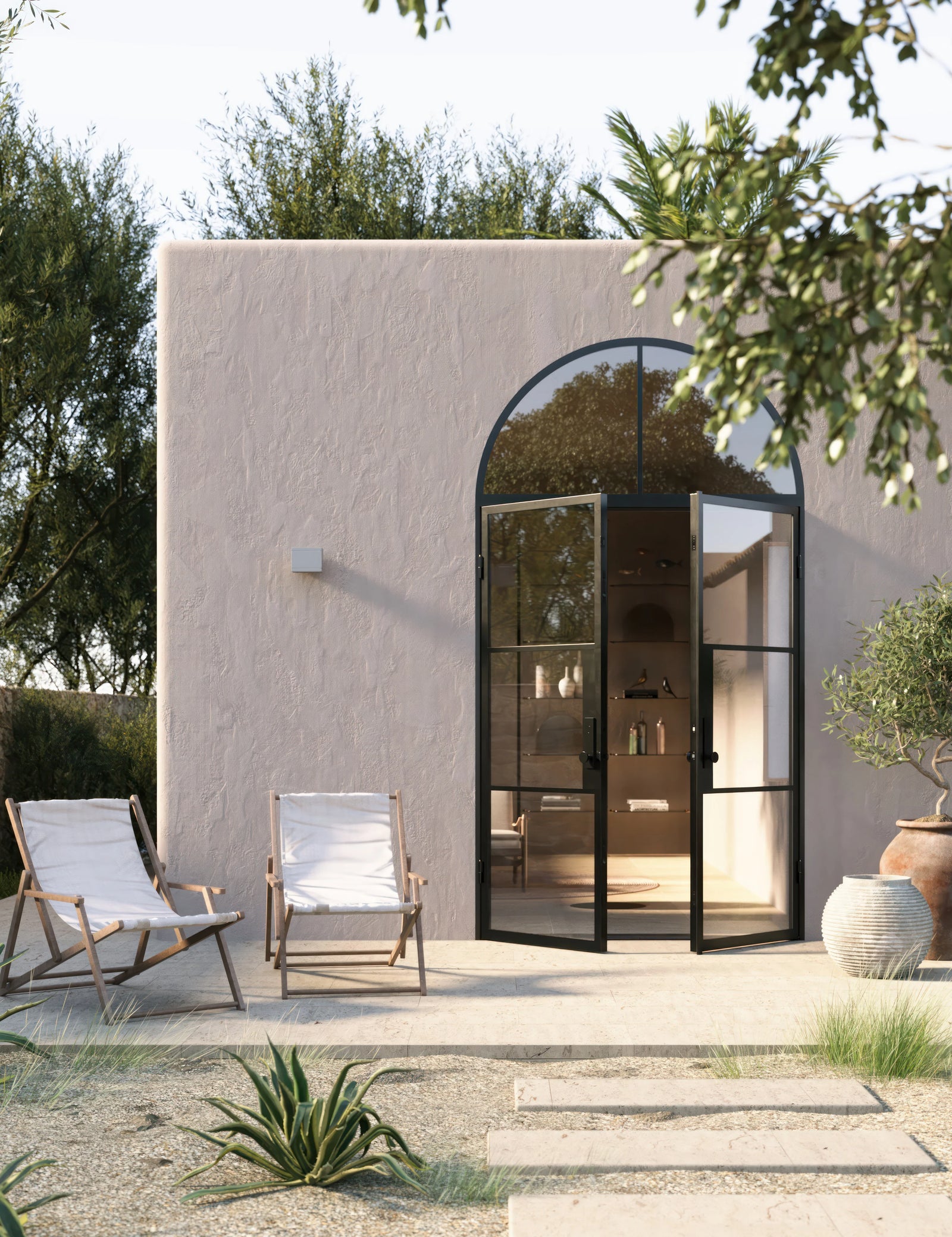 Air 4 flat double entry doors with full arch top glass and slim frame