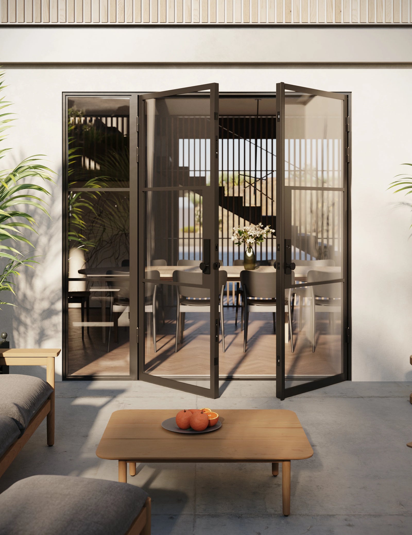 Air 4 flat double steel door with left sidelight, sleek black finish and narrow sightlines