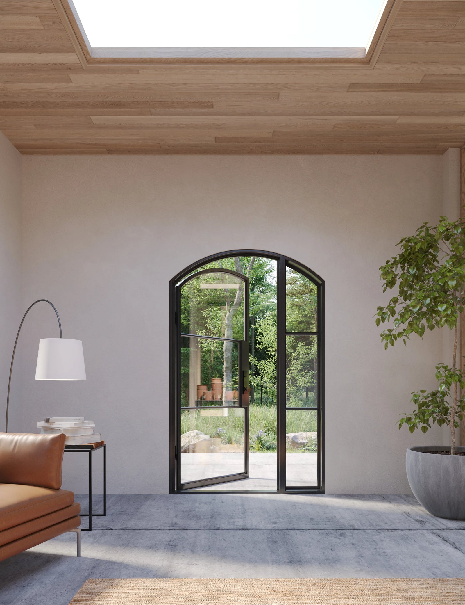 modern arched front door with left side window