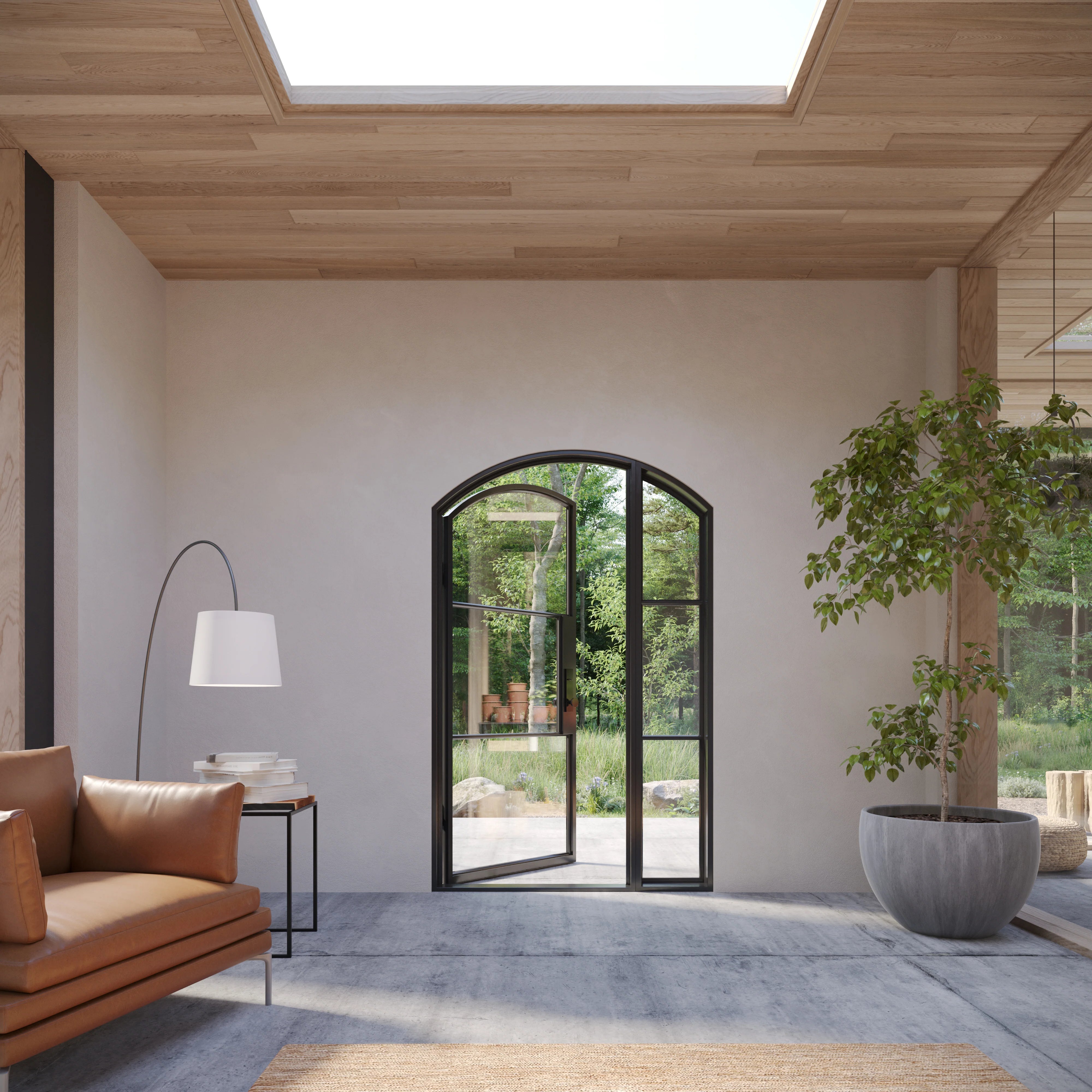 modern arched front door with left side window