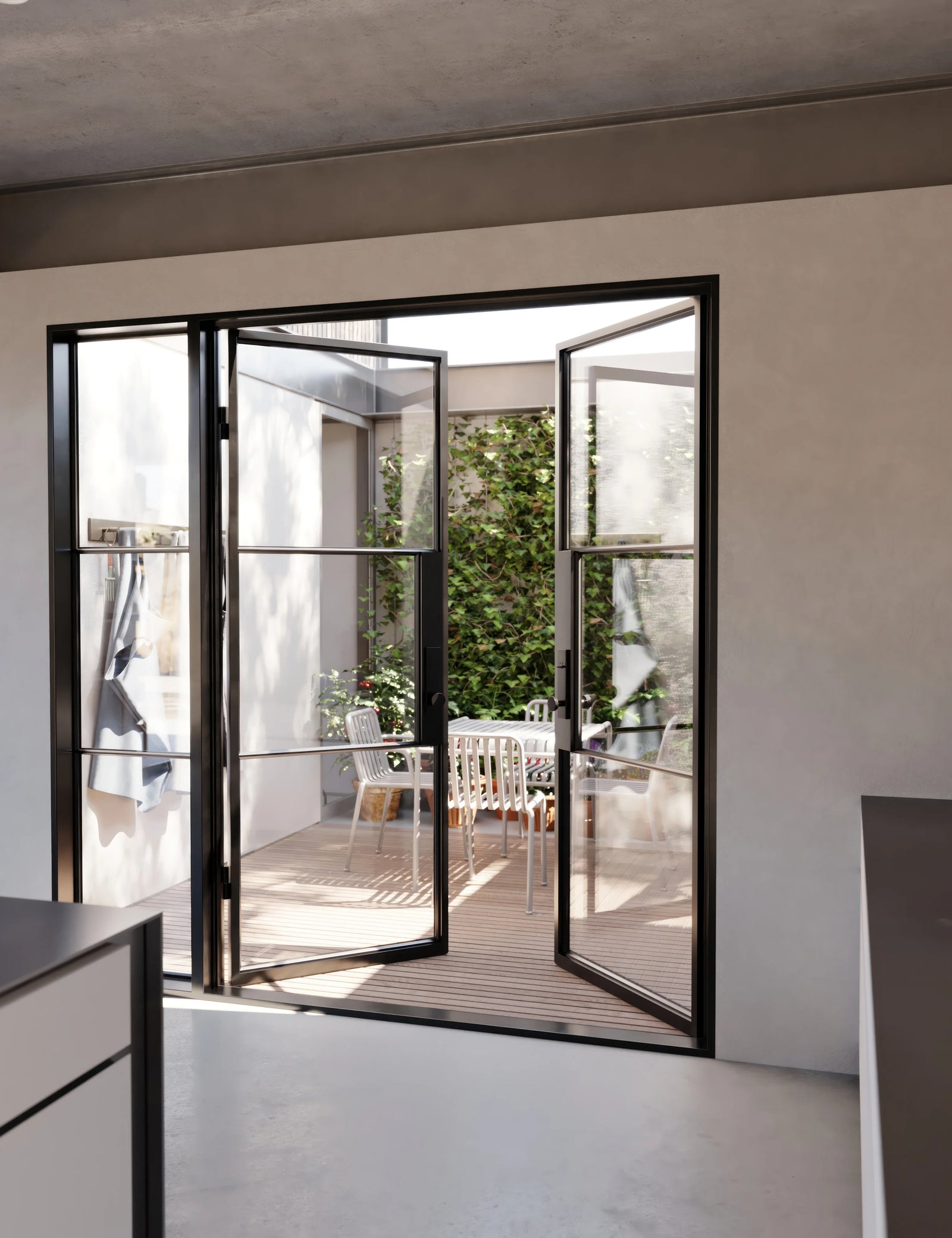 Air 4 flat double entry doors in black steel with right sidelight and tempered glass